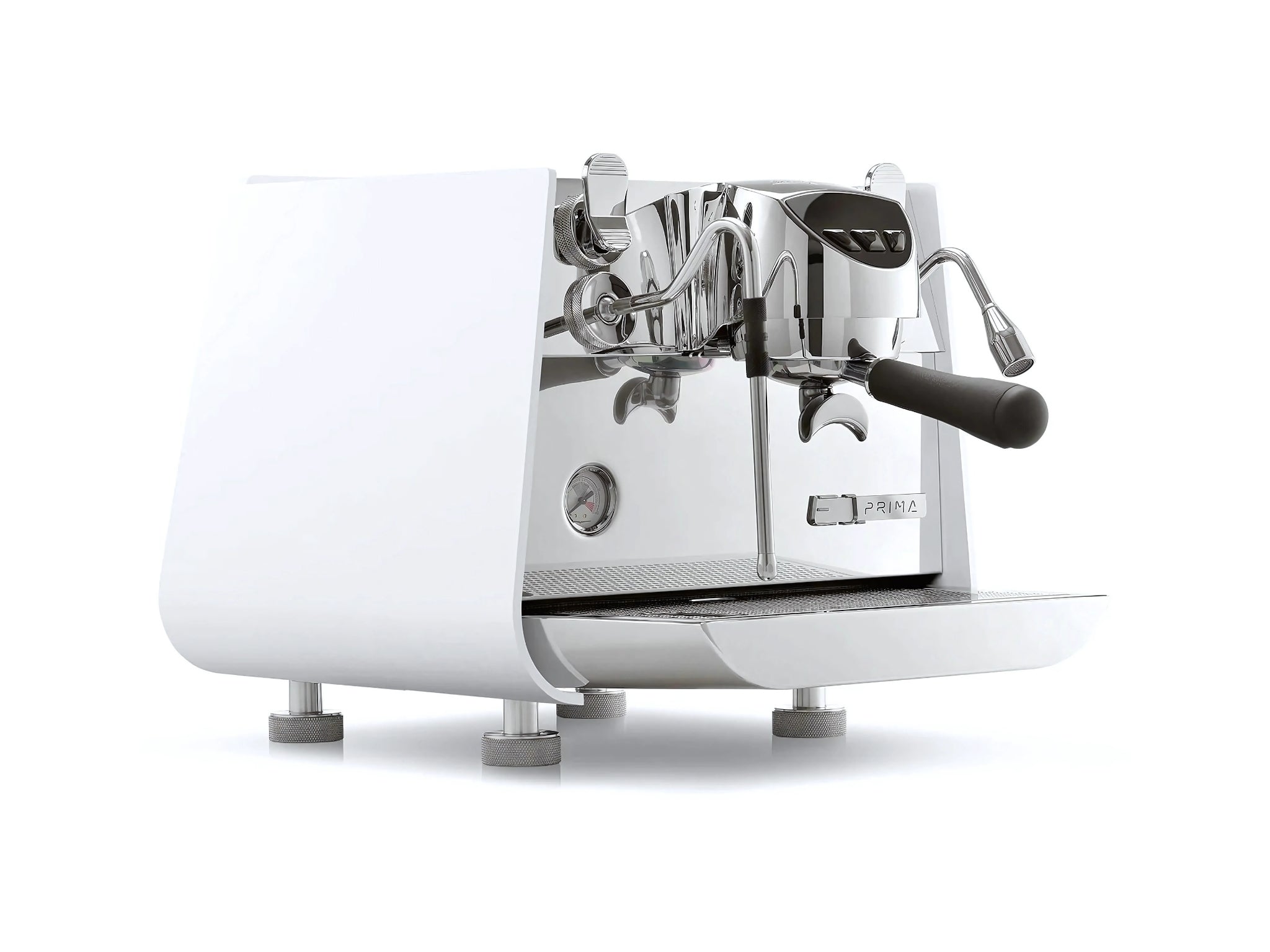 A new Victoria Arduino Eagle One Prima 1 Group Espresso Coffee Machine in white  on a white background. The machine is photographed on an angle facing the right the front and side of the machine is visible.