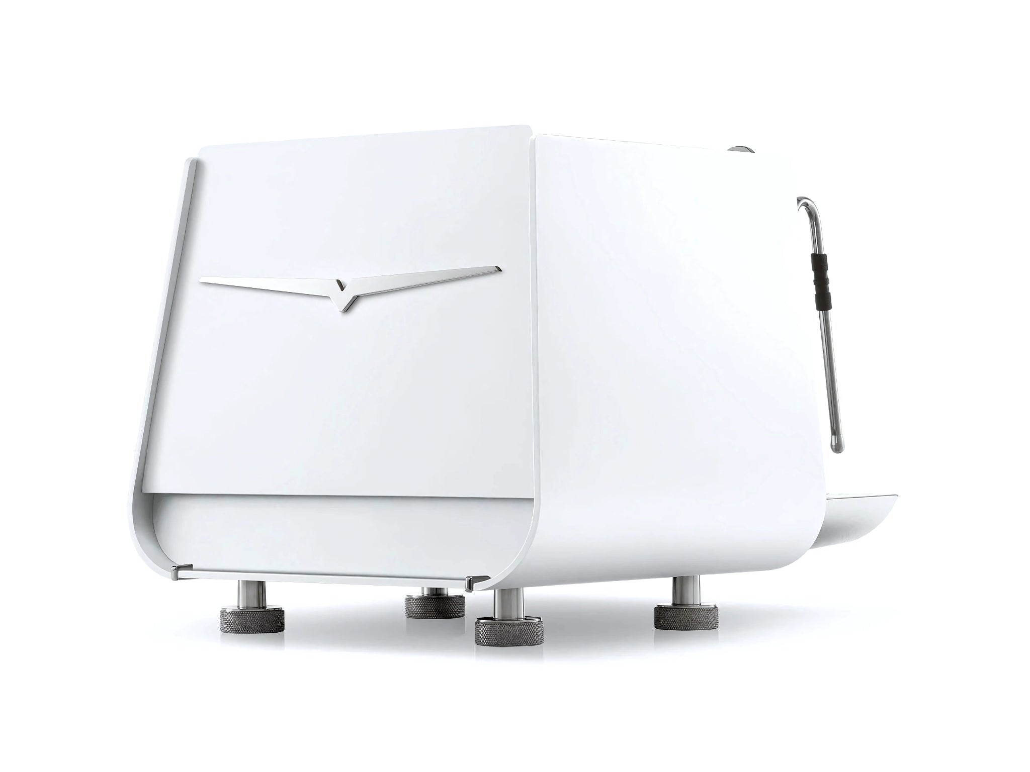 A new Victoria Arduino Eagle One Prima 1 Group Espresso Coffee Machine in white on a white background. The machine is photographed from behind the machine and the back and side of the machine is visible