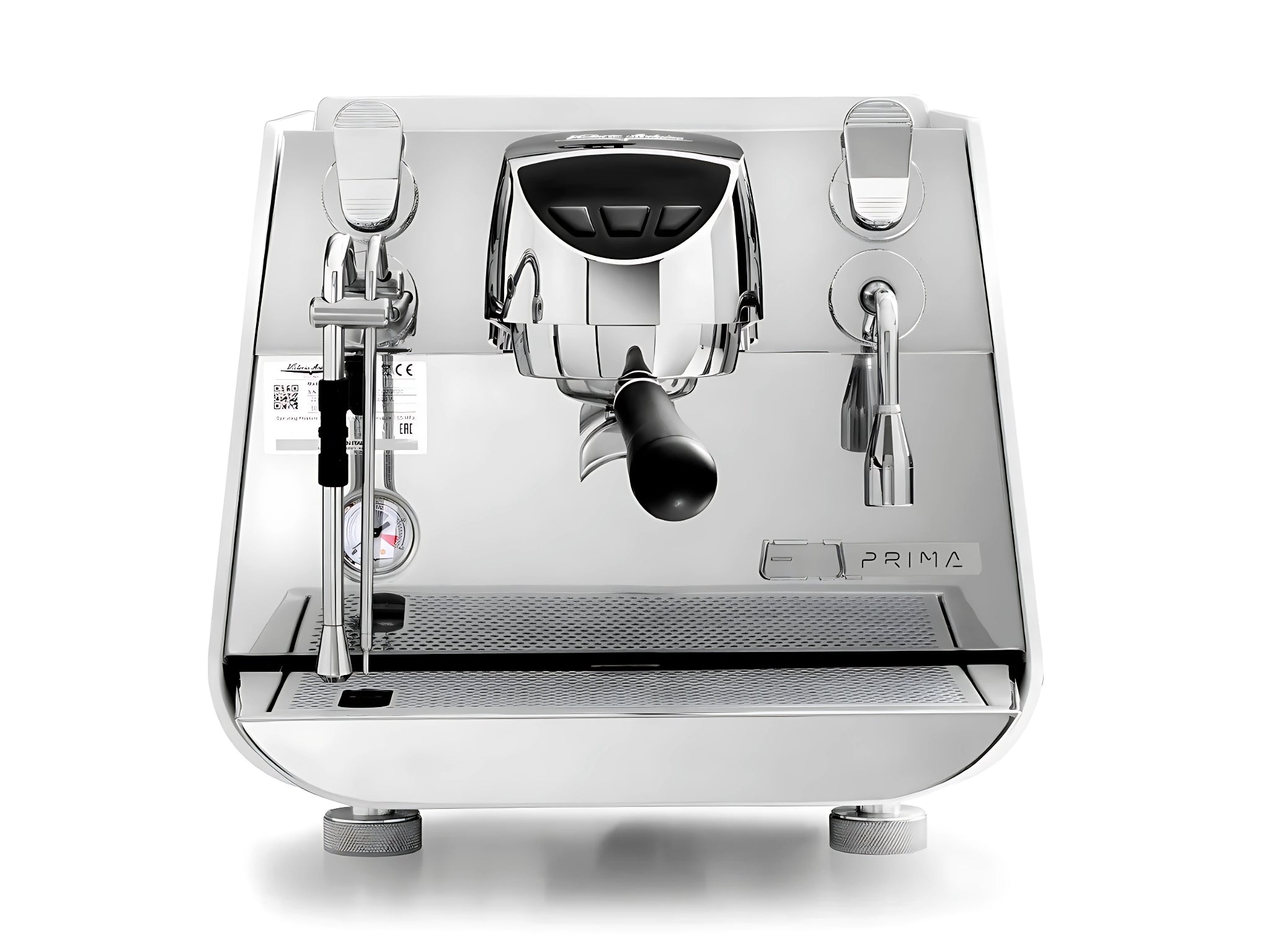 A new Victoria Arduino Eagle One Prima 1 Group Espresso Coffee Machine in white on a white background. The machine is photographed front making the controls and group heads visible.