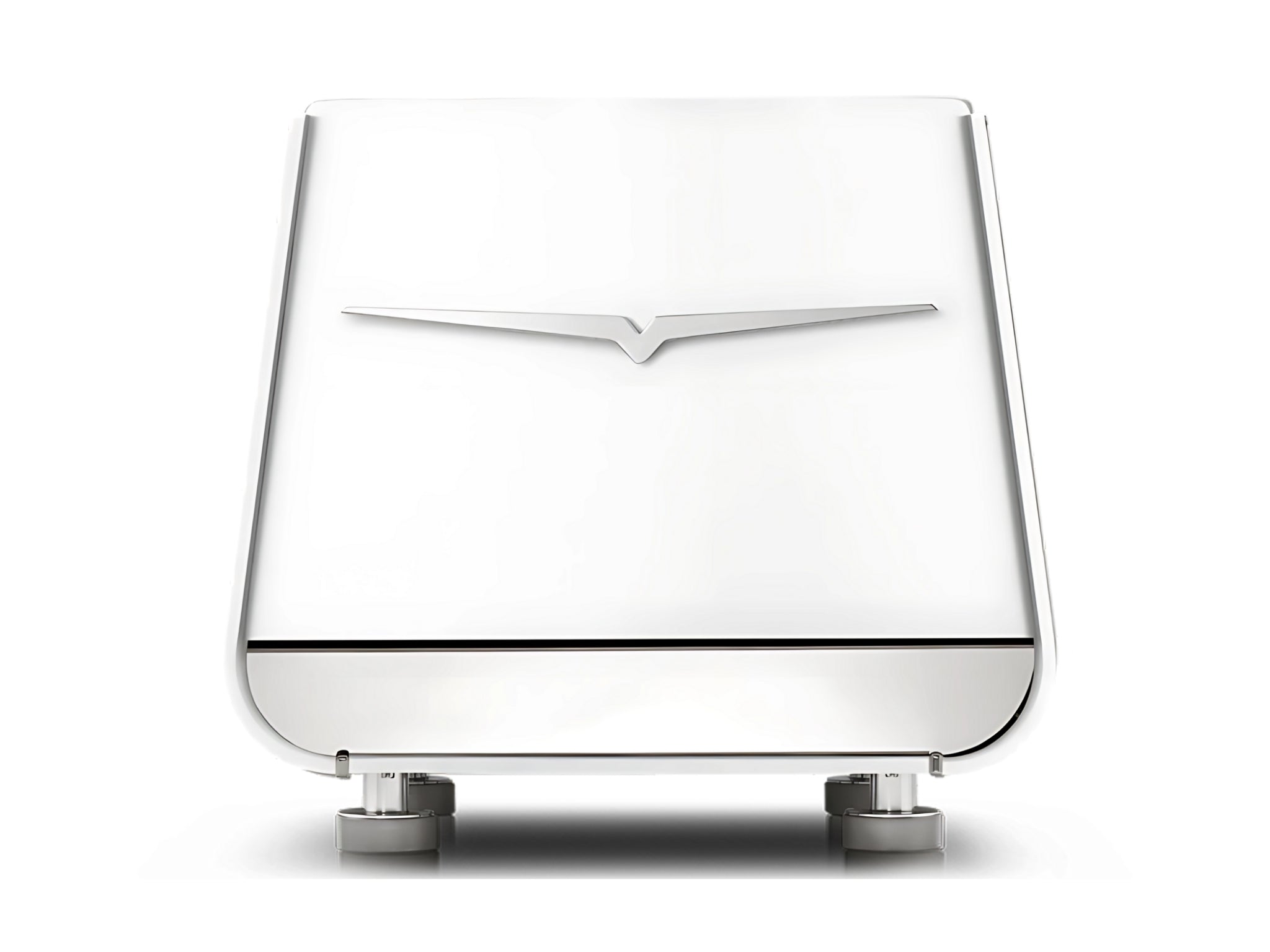 A new Victoria Arduino Eagle One Prima 1 Group Espresso Coffee Machine in white  on a white background. The machine is photographed from behind, the back panel of the machine is visible with the logo.