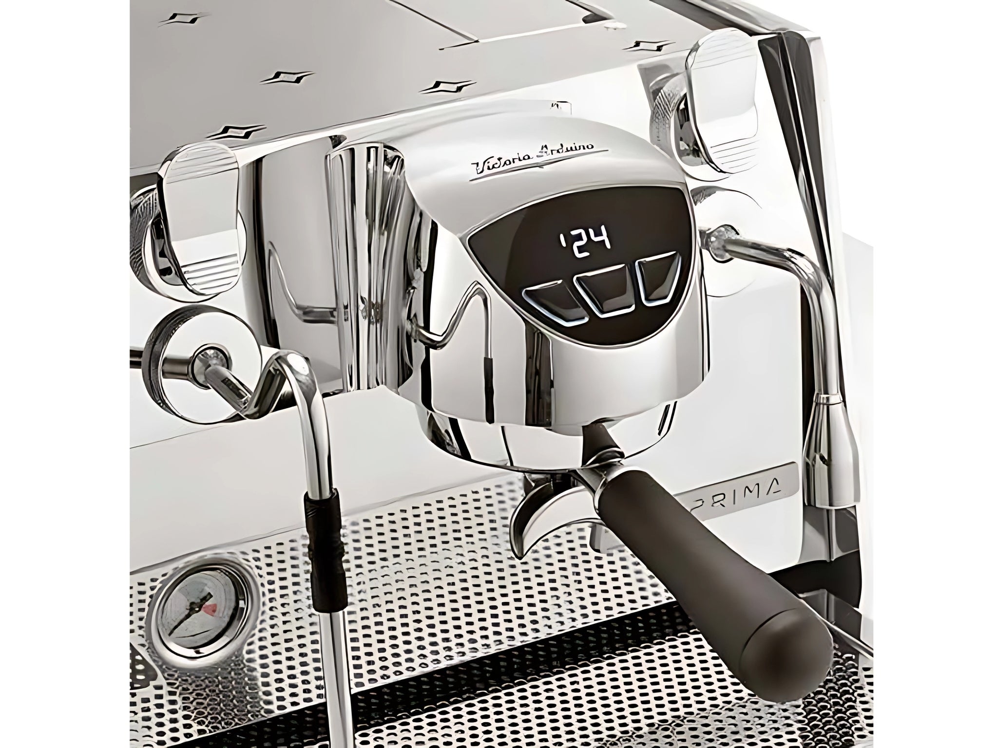 A new Victoria Arduino Eagle One Prima 1 Group Espresso Coffee Machine in white l with a white background. The image is a close up image taken from the front of the machine and the machine is sitting on an angle so that you can see the front of the machine, the controls including buttons, group handle and logo.