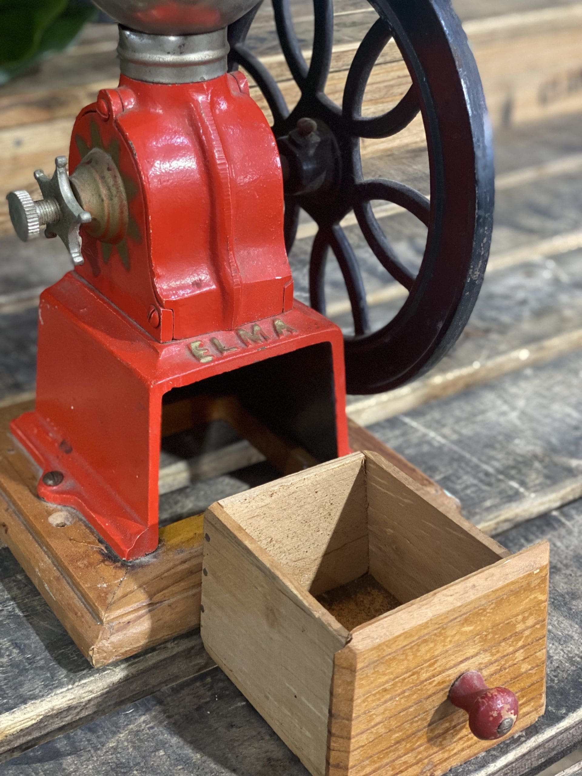 #25 1940’s Elma Single Wheel Hand Coffee Grinder with Drawer