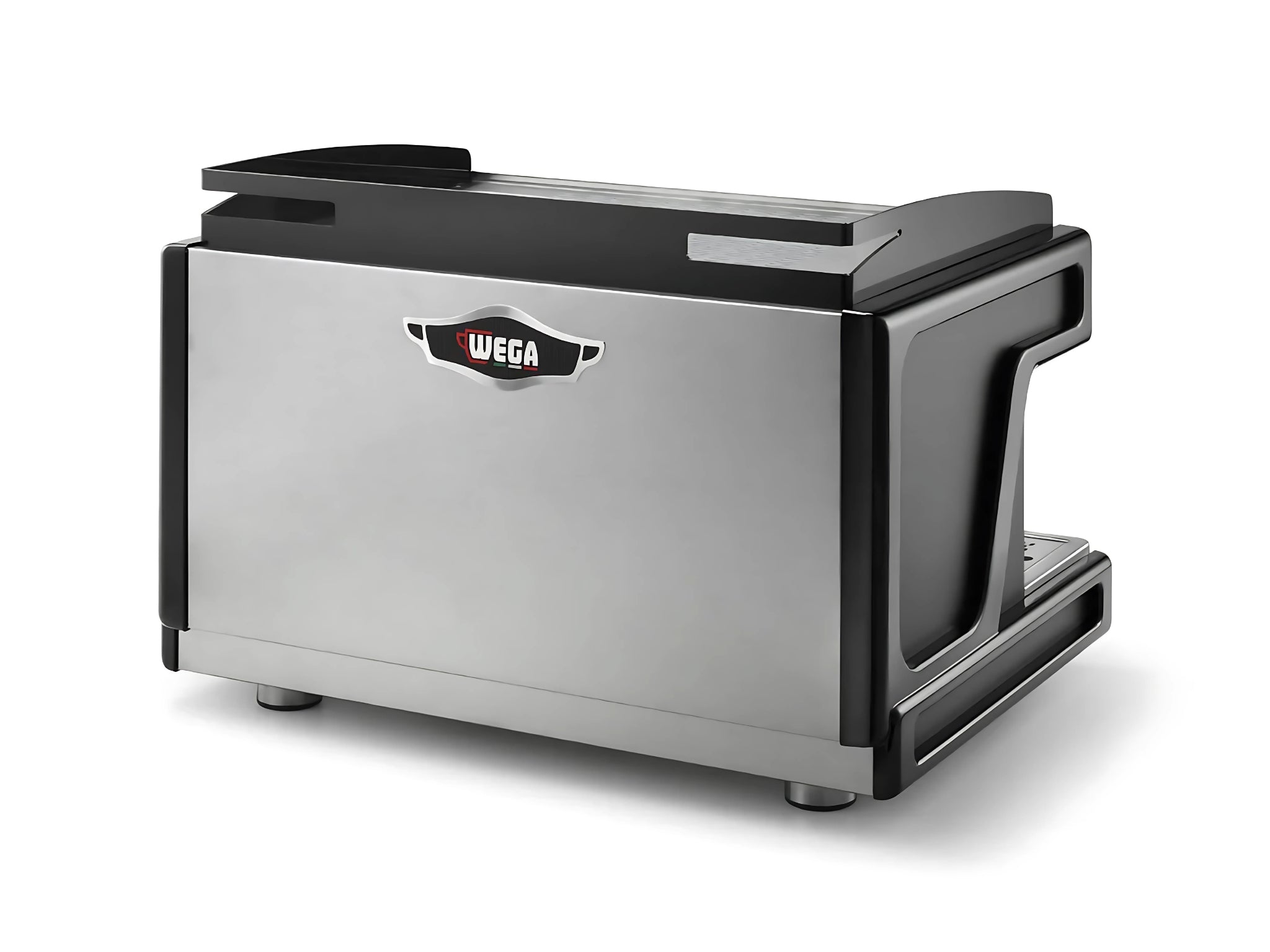 A new black Wega Airy EVD 2 Group Espresso Coffee Machine on a white background. The machine is photographed from behind the machine and the back and side of the machine is visible.