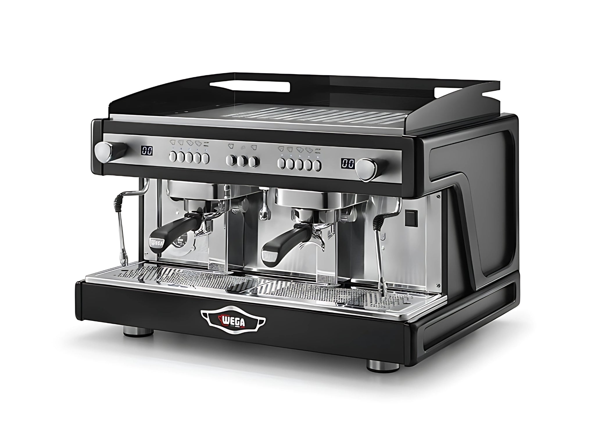 A new black Wega Airy EVD 2 Group Espresso Coffee Machine on a white background. The machine is photographed on an angle facing the right the front and side of the machine is visible.