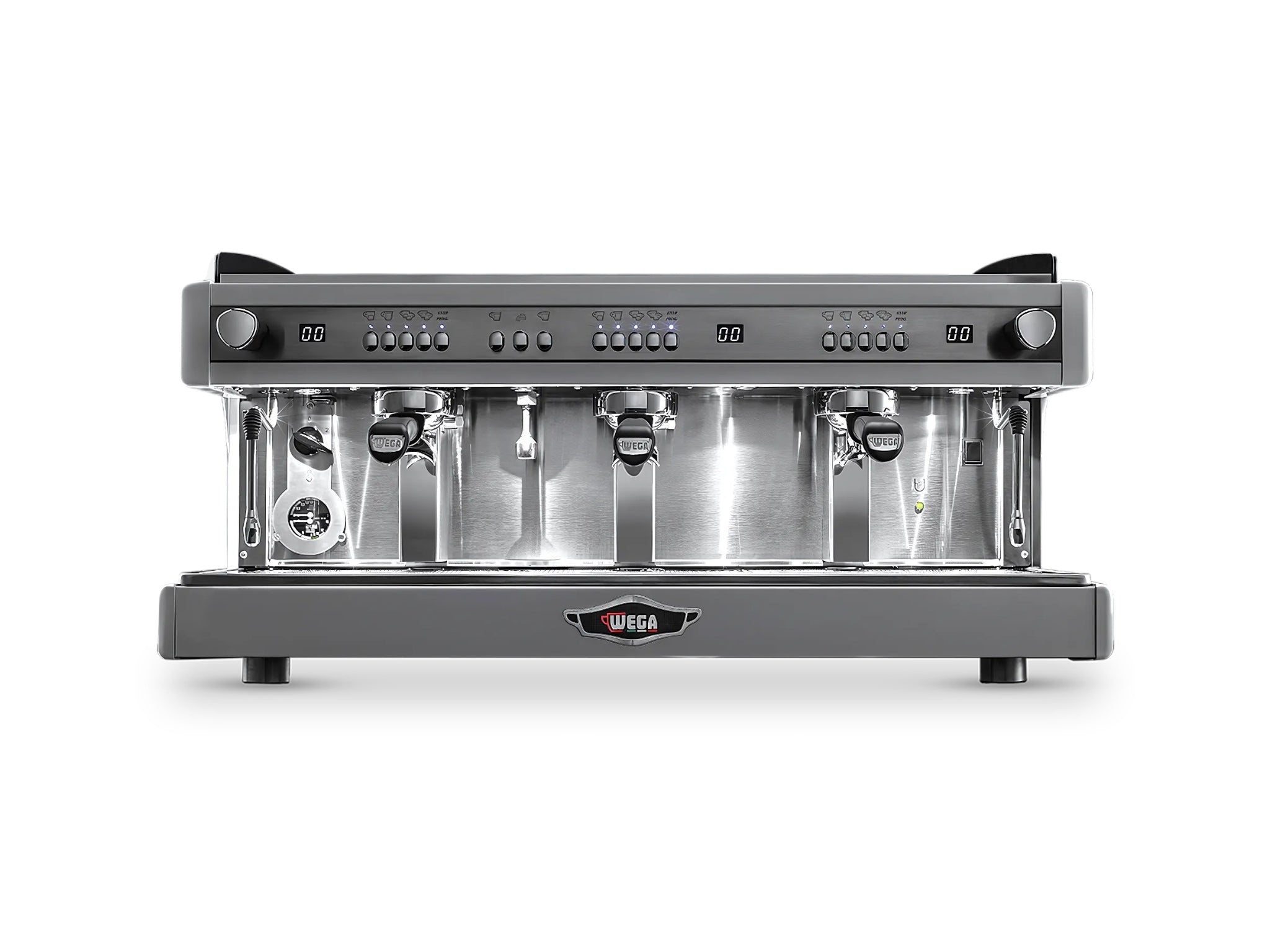 Wega Airy EVD 3 Group Coffee Machine Black - New captured front-on, highlighting its three raised group heads, barista lighting, control panel, and modern matte black finish. A sleek espresso coffee machine built for café performance.