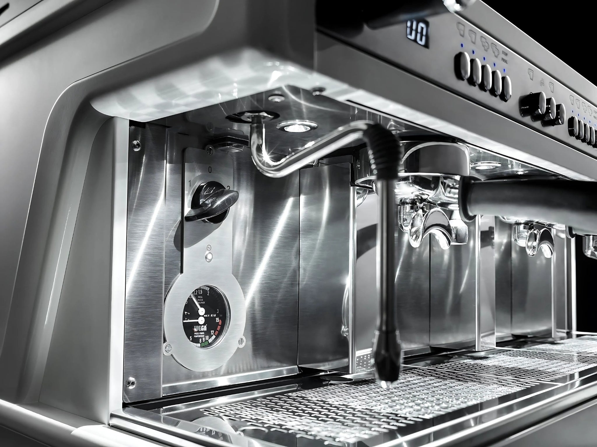 Wega Airy EVD 3 Group Coffee Machine Black - New close-up image focused on the front control panel, group heads, and manual brew switches, showcasing espresso brewing precision and barista-friendly features.