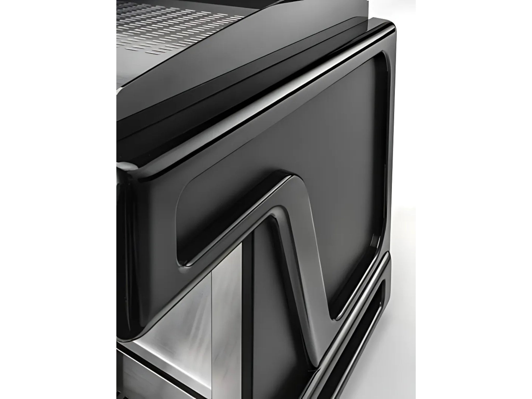 Wega Airy EVD 3 Group Coffee Machine Black - New close-up of the side panel, showing the matte black finish and sleek contours of this commercial espresso coffee machine. LED accent lighting adds a modern touch to the bold, professional design.