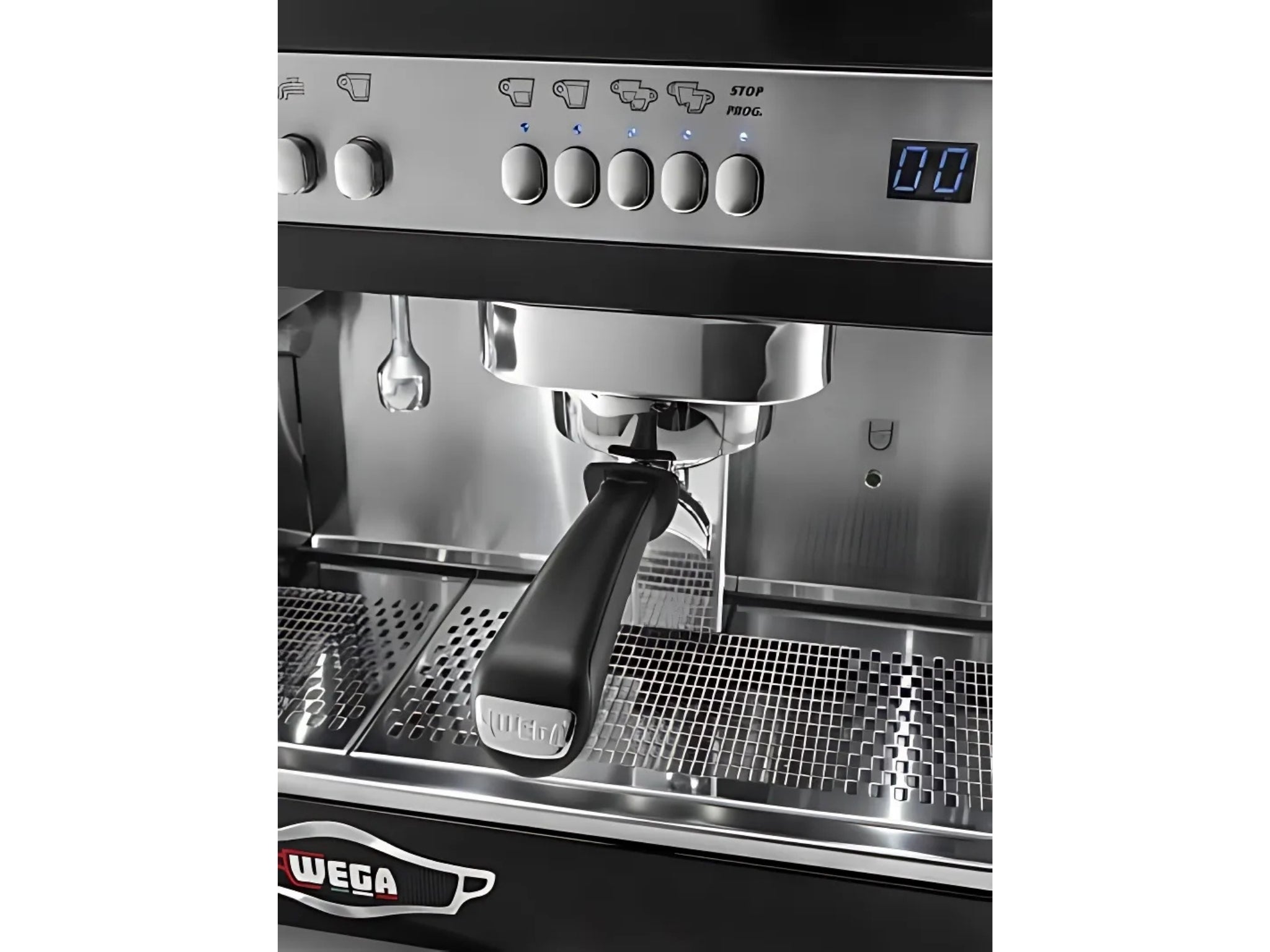 Wega Airy EVD 3 Group Coffee Machine Black - New close-up of the group head, highlighting the raised design, manual brew switch, and portafilter handle. This espresso coffee machine offers precision brewing in a sleek matte black finish.
