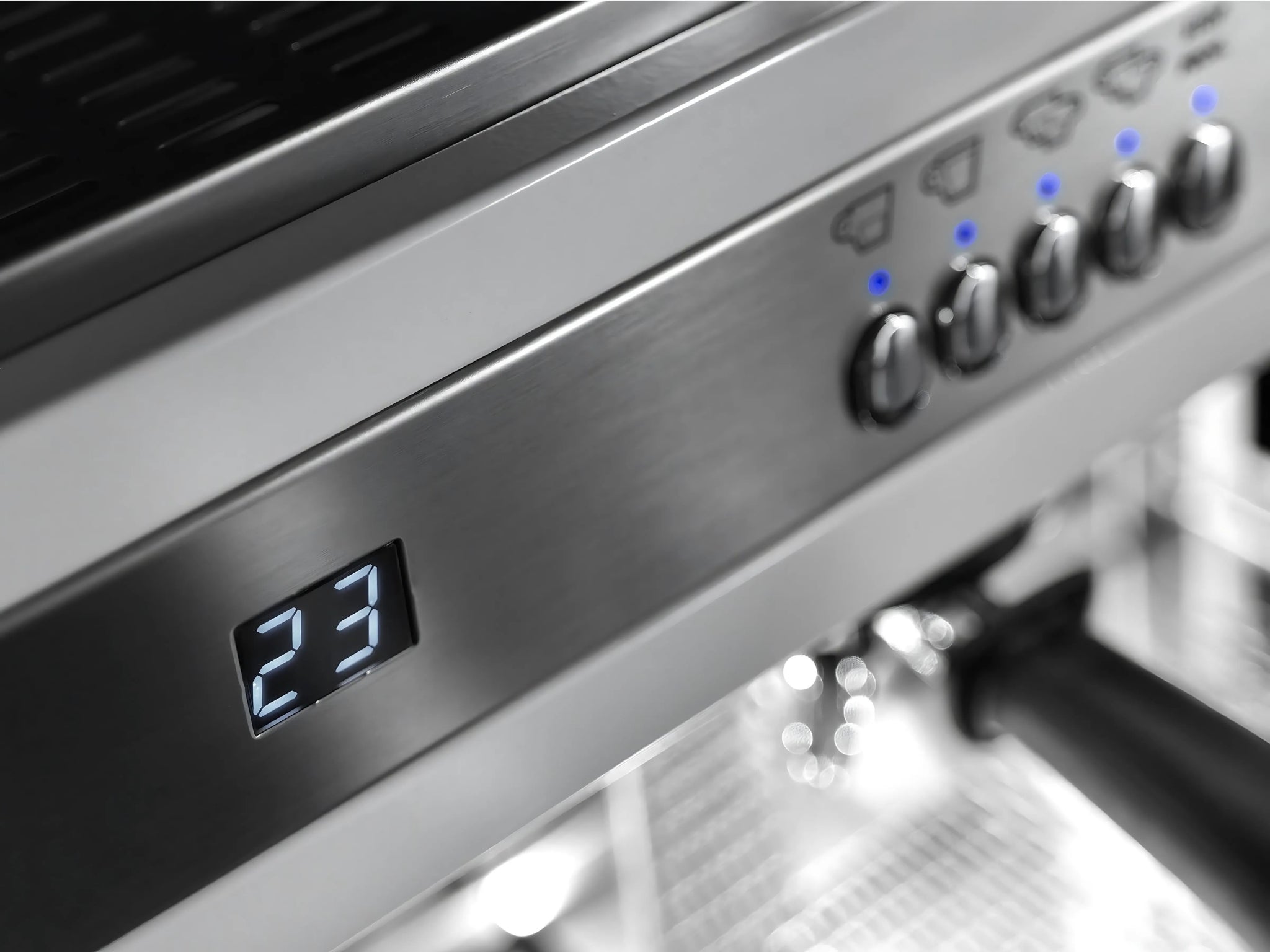 Wega Airy EVD 3 Group Coffee Machine Black - New close-up of the LED display, with group head control buttons visible in the background. This espresso coffee machine features intuitive programming for efficient café workflow.