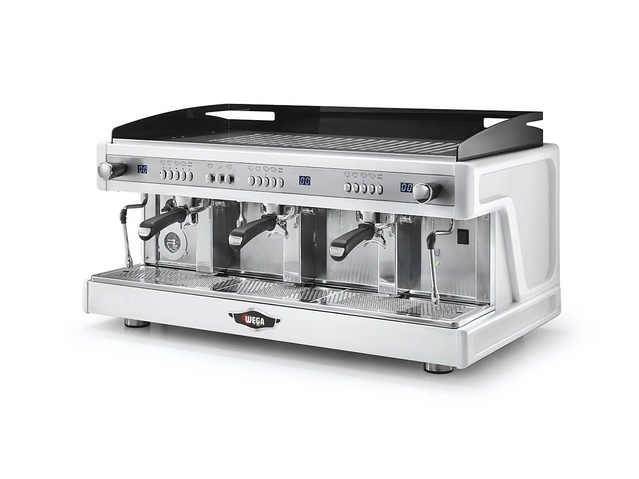 Wega Airy EVD 3 Group Coffee Machine White - New angled view showcasing the matte white body, raised group heads, and dual stainless steel steam wands of this commercial espresso coffee machine.