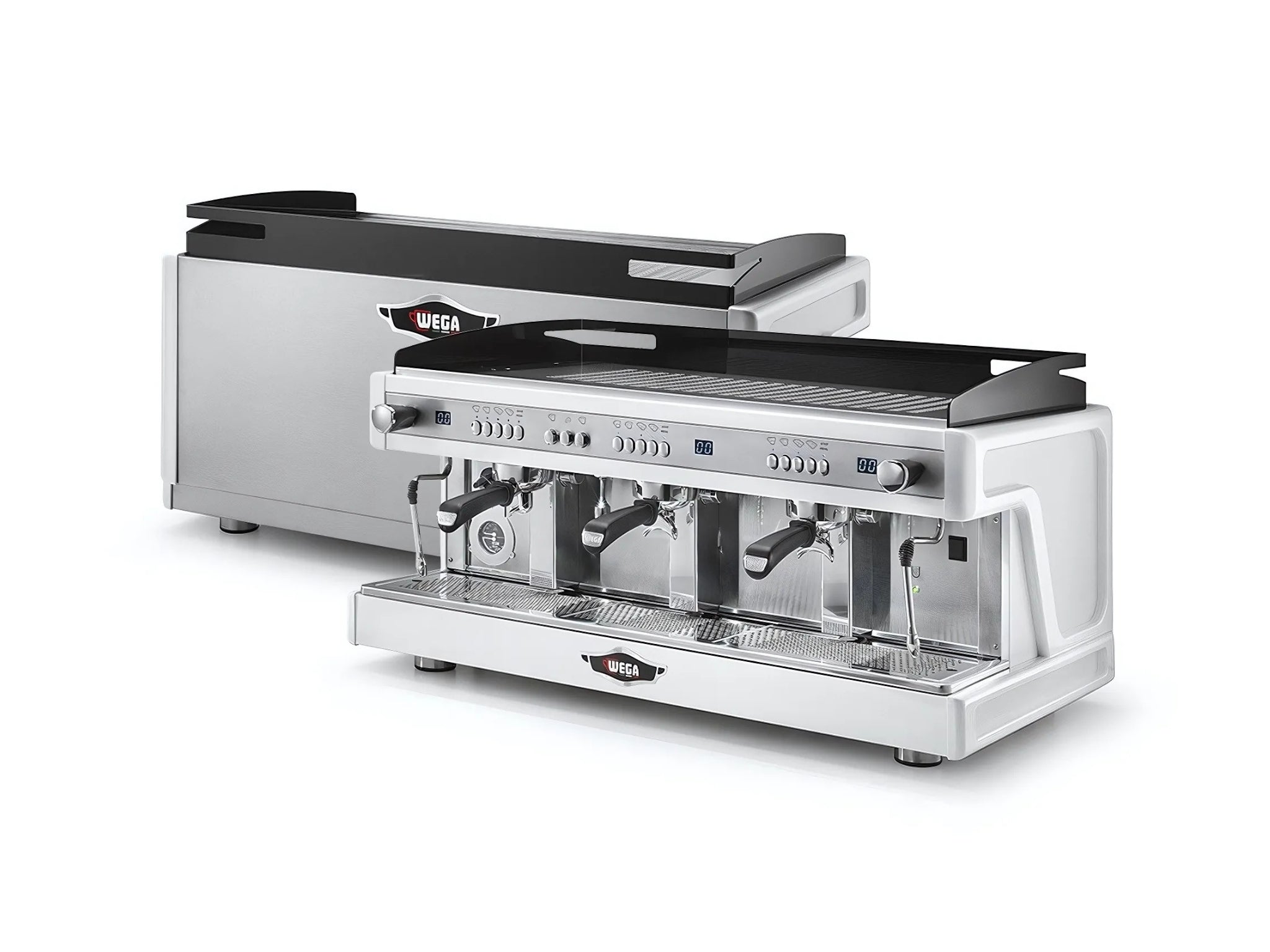 Wega Airy EVD 3 Group Coffee Machine White - New shown in angled view with two units positioned on a clean white background. The front machine highlights the espresso coffee machine's matte white body, raised group heads, and stainless steel steam wands, while the rear machine reveals the back design and structure. This dual perspective captures the machine’s stylish commercial design and quality espresso features from both the front and rear angles.