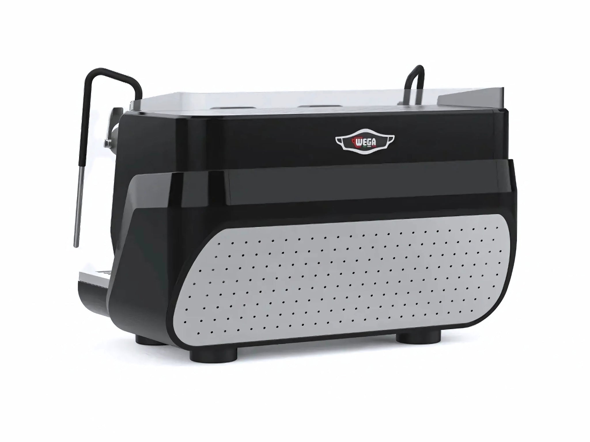 Wega Nova EVD 2 Group Coffee Machine Black - New displayed from an angled rear-side view, revealing both the back panel and one group head. Set on a marble bench with greenery, this espresso coffee machine exudes professional design.