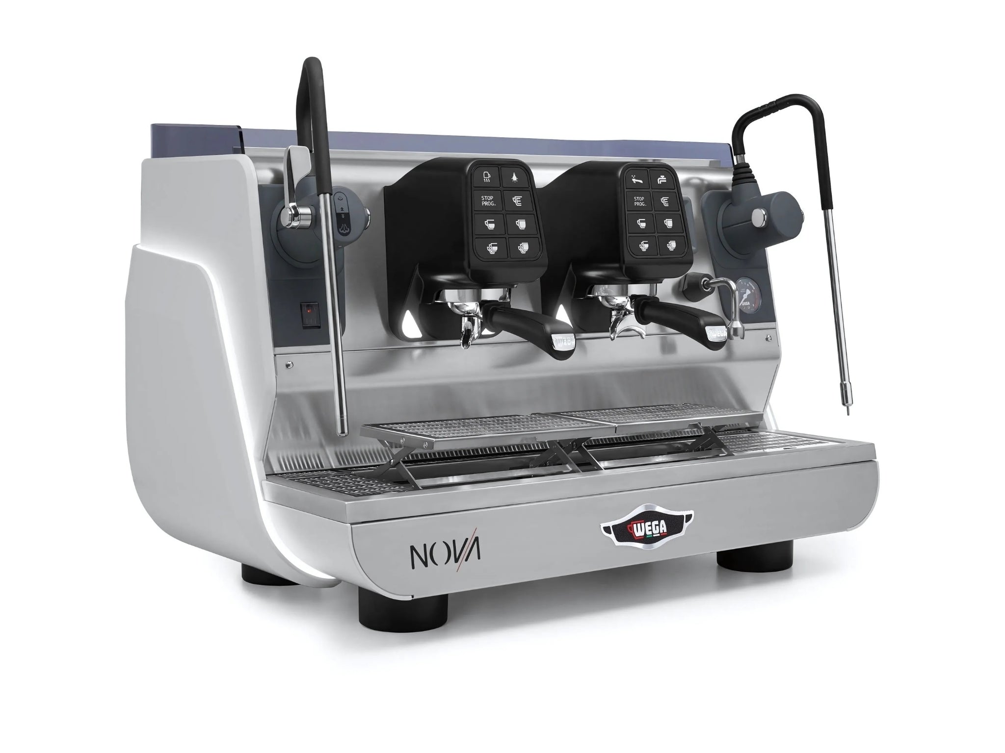 Wega Nova EVD 2 Group Coffee Machine White - New espresso coffee machine shown on a clean white background, angled to highlight the matte white body, group heads, and steam wand. A professional commercial design perfect for modern café spaces.