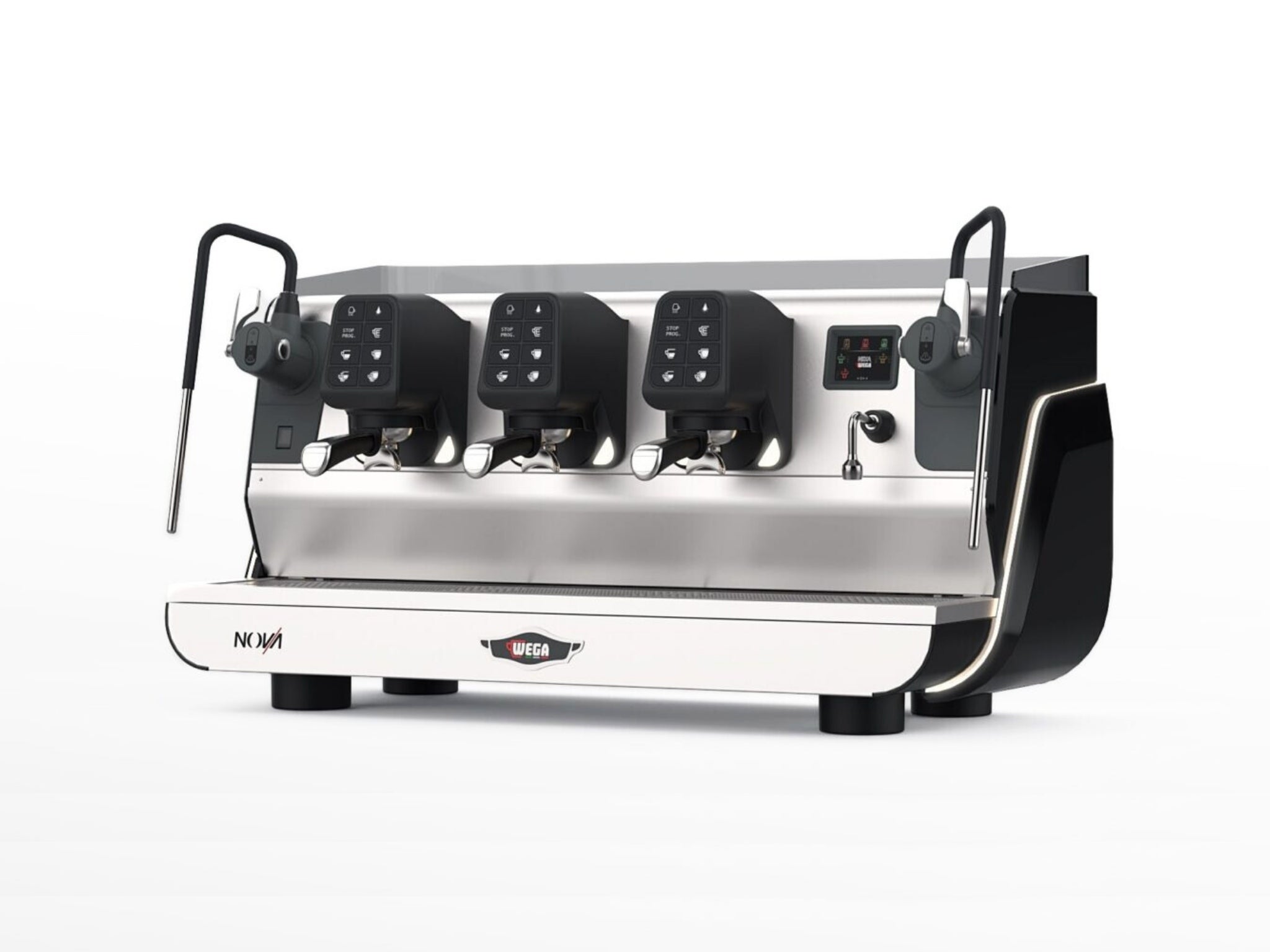 Wega Nova EVD 3 Group Coffee Machine Black - New angled view showing the matte black espresso coffee machine with three high cup group heads and cool touch steam wands on a white background.