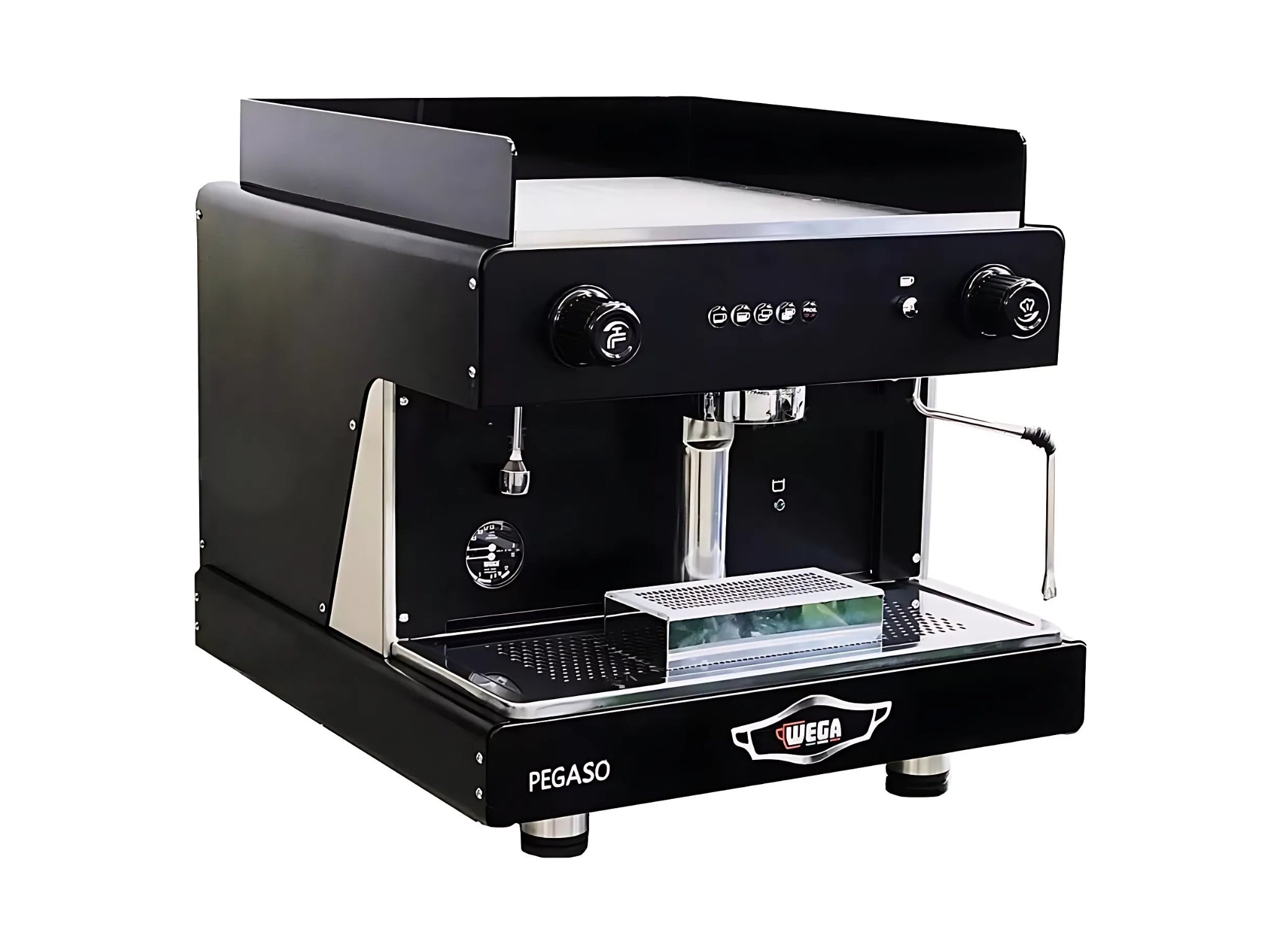 Wega Pegaso EVD 1 Group Espresso Coffee Machine Black – New shown at an angle, featuring its sleek black body, stainless accents, and professional espresso group head, photographed against a clean white background.