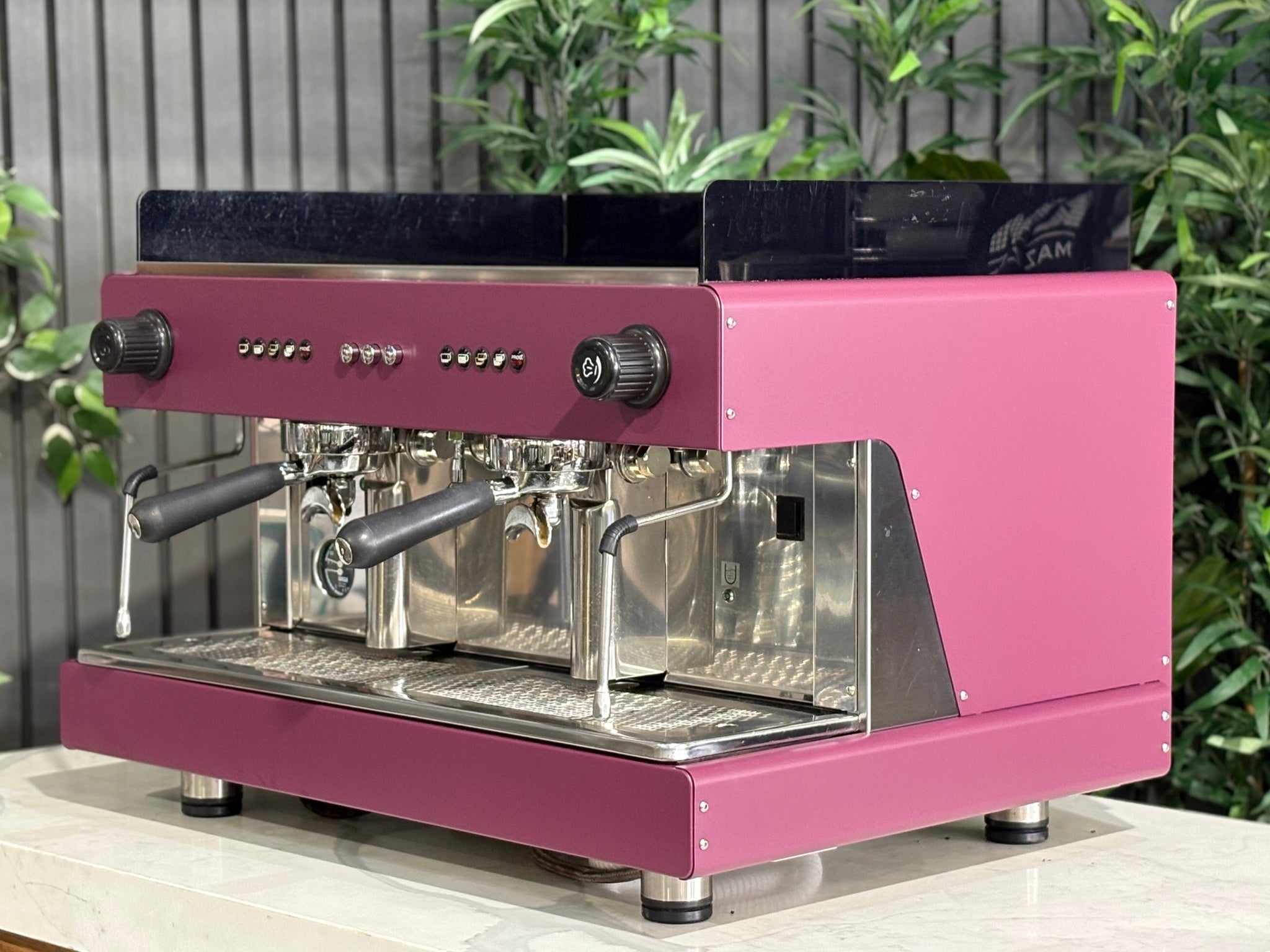 Wega Pegaso EVD 2 Group Coffee Machine Deep Pink – Used espresso coffee machine angled rear view highlighting stainless steel back panel, black acrylic top shroud, and deep pink stainless sides, placed on a marble bench with greenery.
