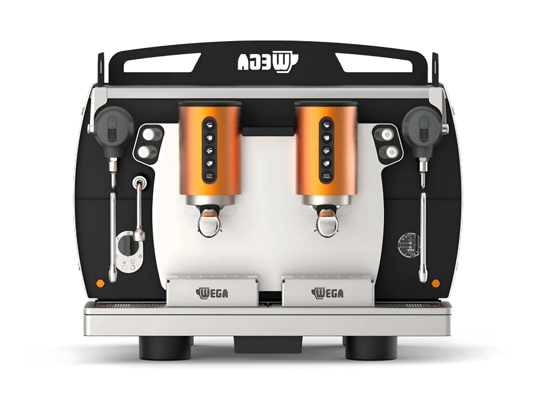 A brand new Wega W Bar Pro 2 Group Coffee Machine in Black with orange accents on a white background. The machine is photographed from the front making the controls and group heads visible.