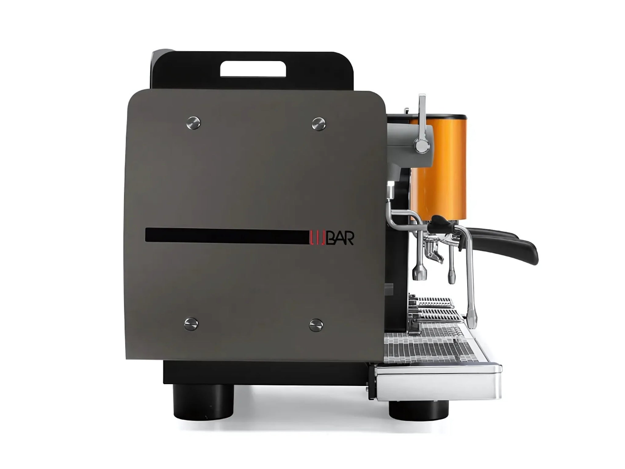 A brand new Wega W Bar Pro 2 Group Coffee Machine in Black with orange accents on a white background.  The machine is photographed from the side.