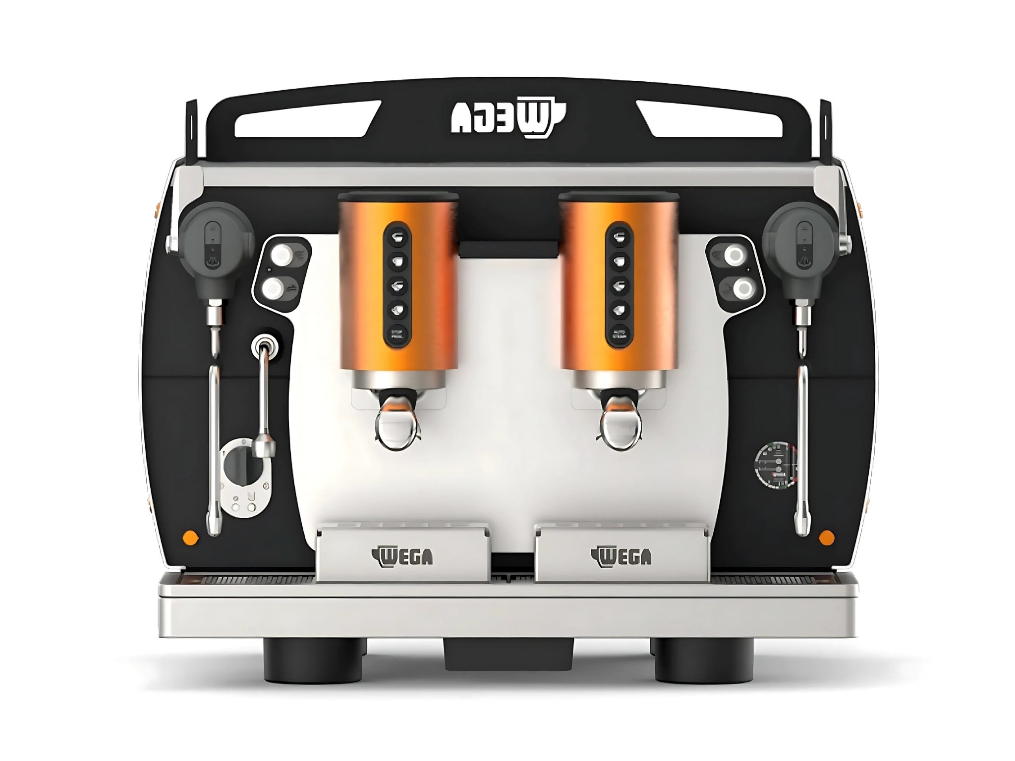 A brand new Wega W Bar Pro 2 Group Coffee Machine in white with orange accents on a white background. The machine is photographed from the front making the controls and group heads visible.