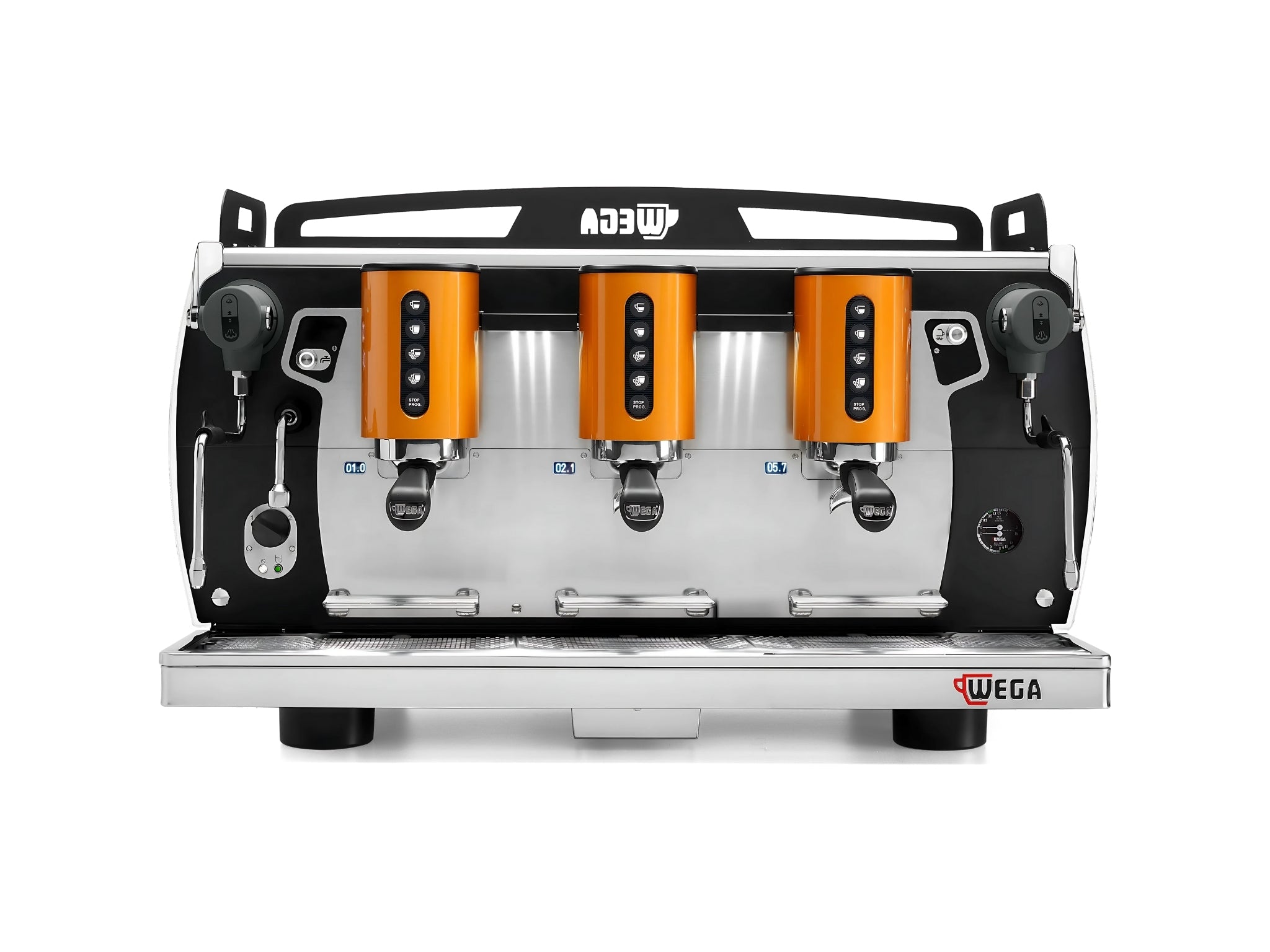 Front-on image of the Wega W Bar Pro 3 Group Coffee Machine Black on white background – Displays the machine’s sleek control panel and group head layout.