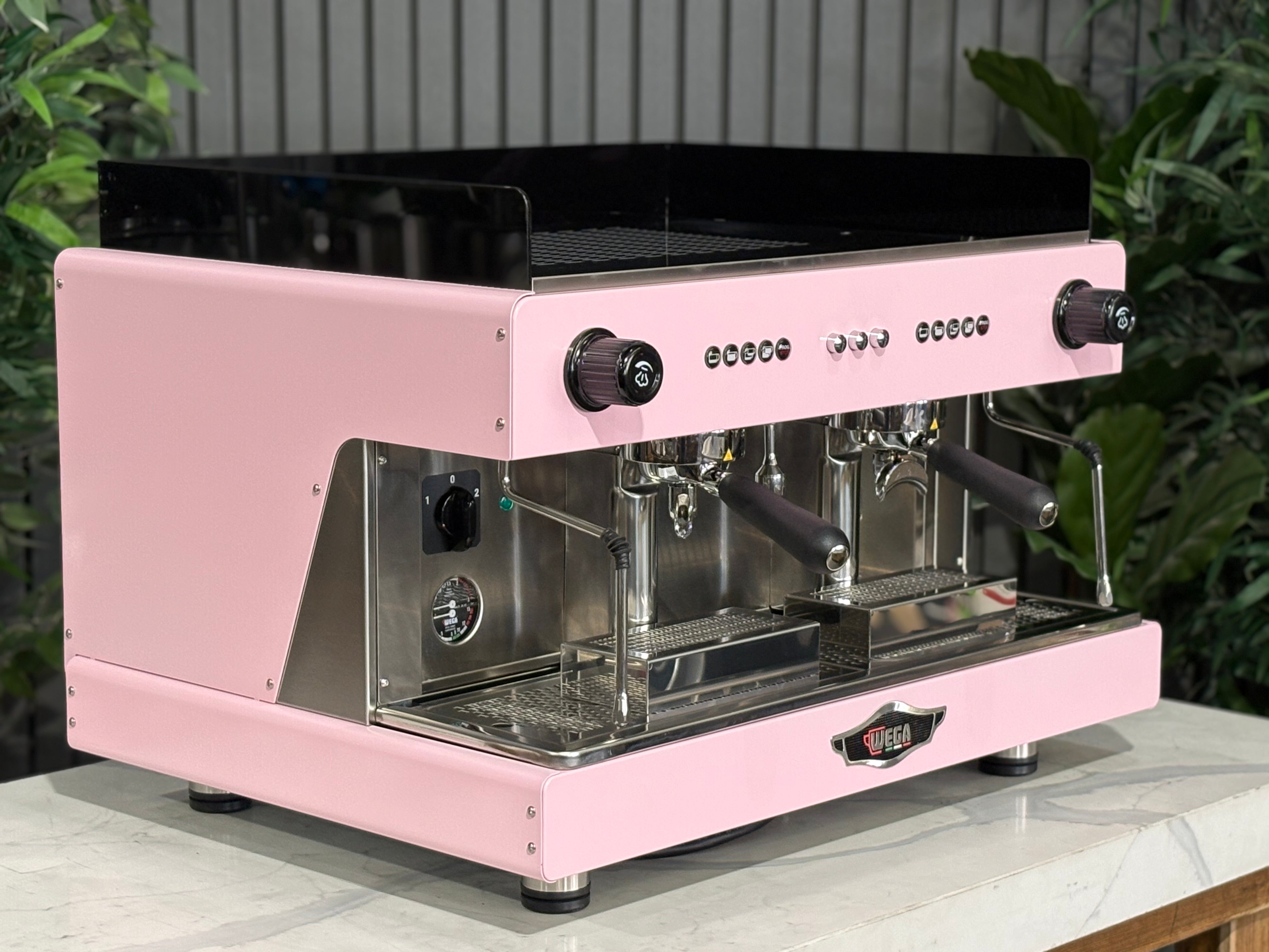 Wega Pegaso EVD 2 Group Coffee Machine Pink Lily Espresso Machine on a counter with plants in the background.
