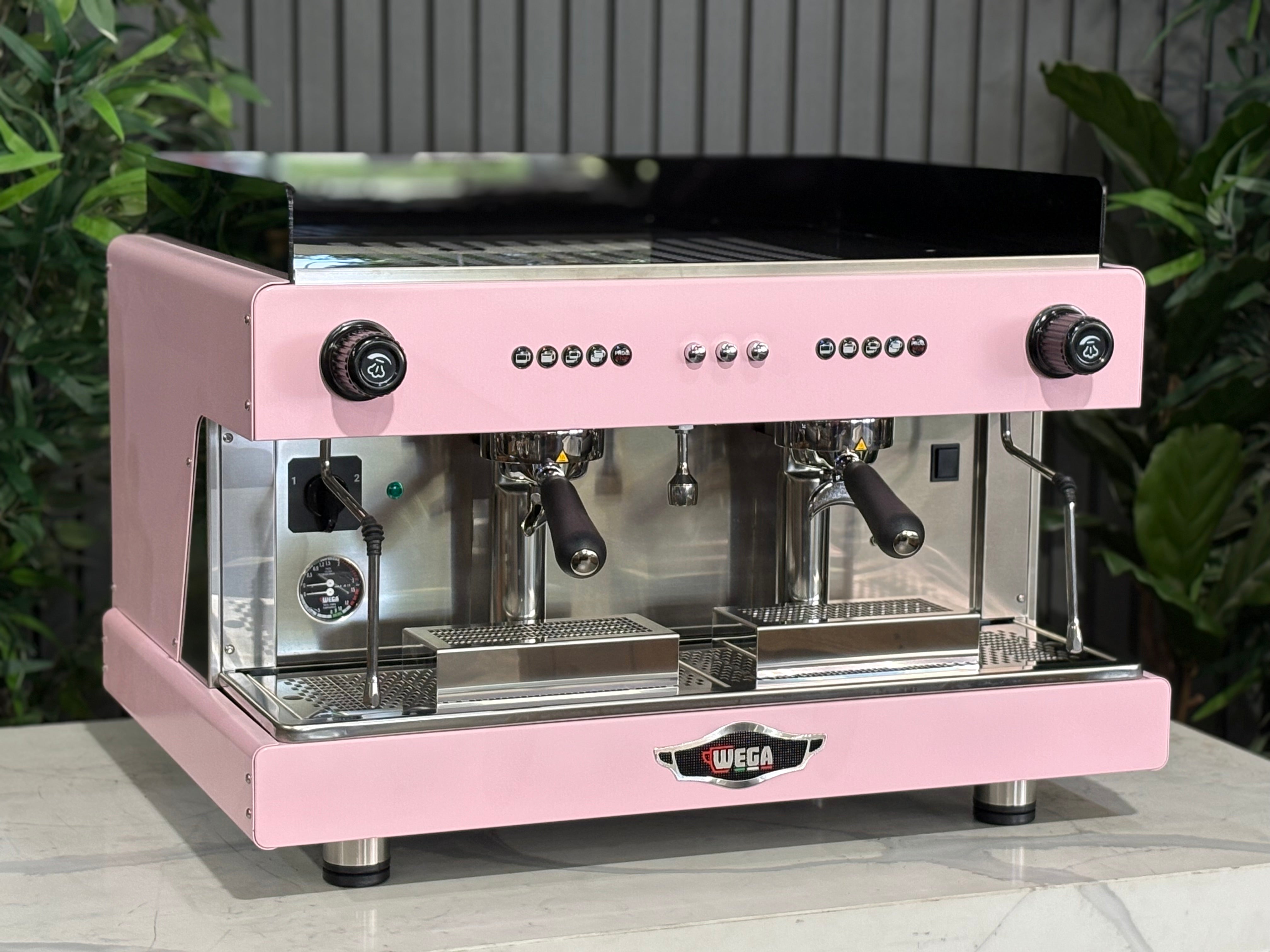 Wega Pegaso EVD 2 Group Coffee Machine Pink Lily Espresso Machine displayed on a countertop with plants in the background.