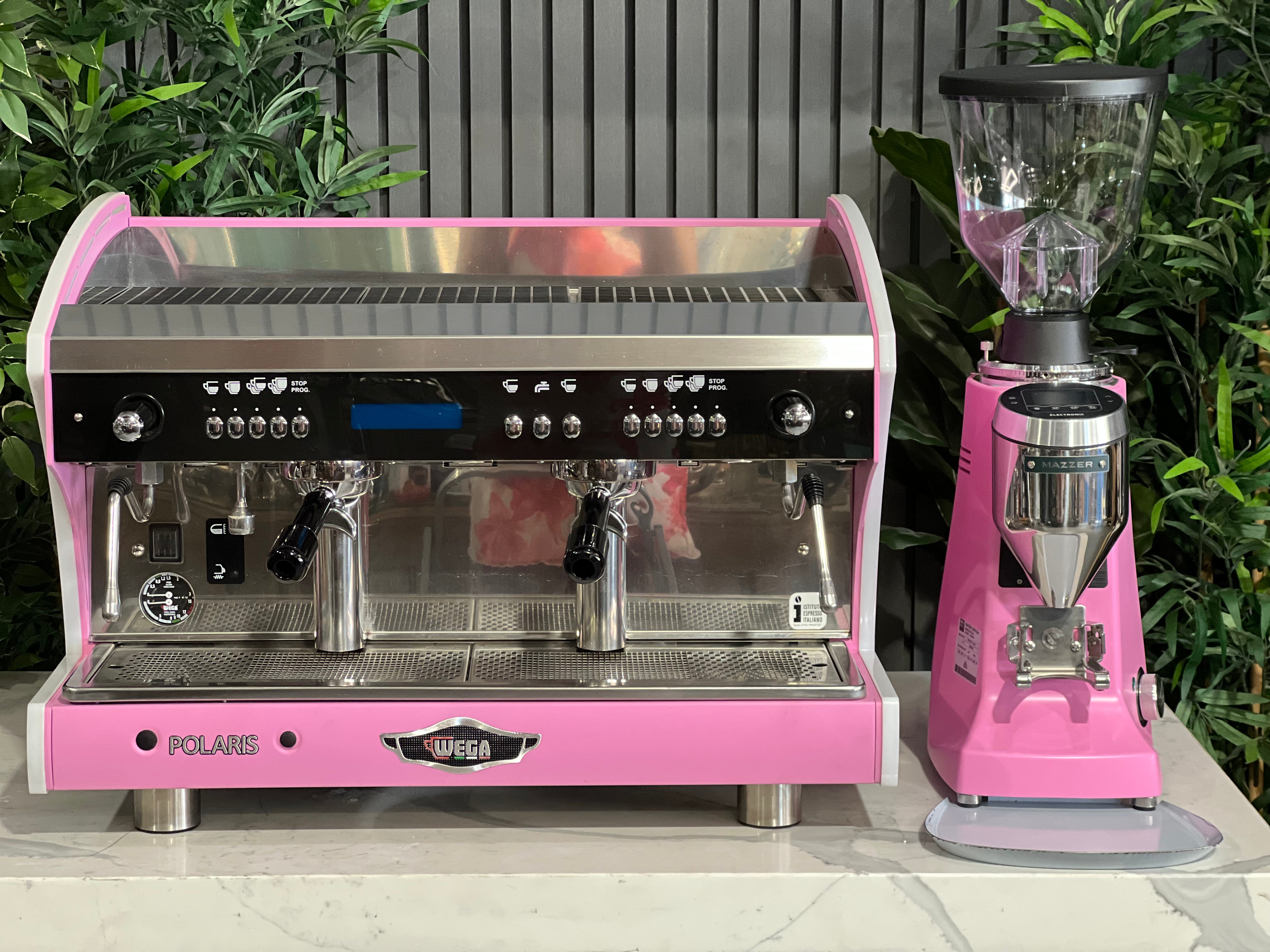 Wega Polaris Tron 2 Group Coffee Machine + Mazzer Major V Electronic Grinder Package Pink - New