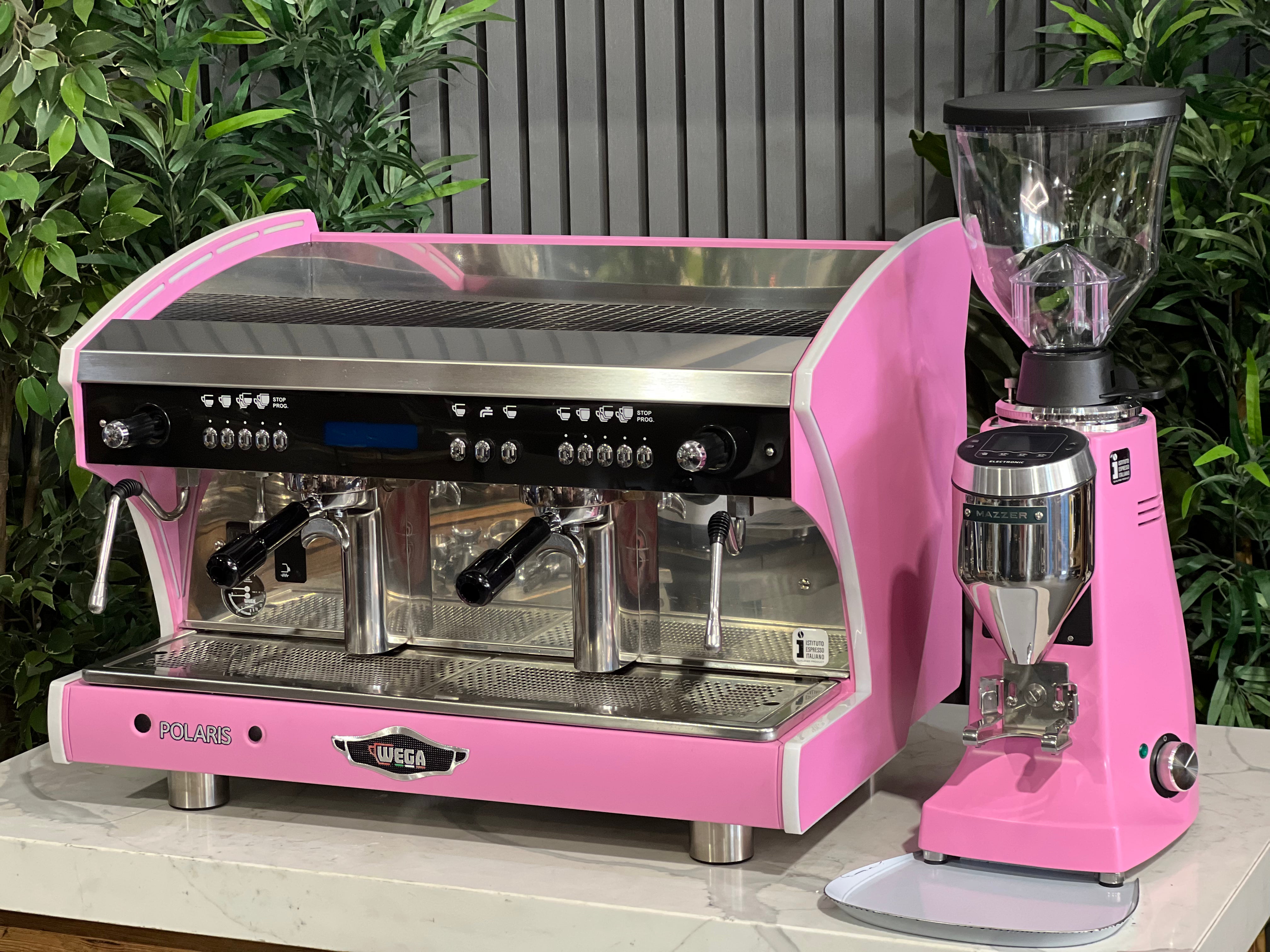 Wega Polaris Tron 2 Group Coffee Machine + Mazzer Major V Electronic Grinder Package Pink - New