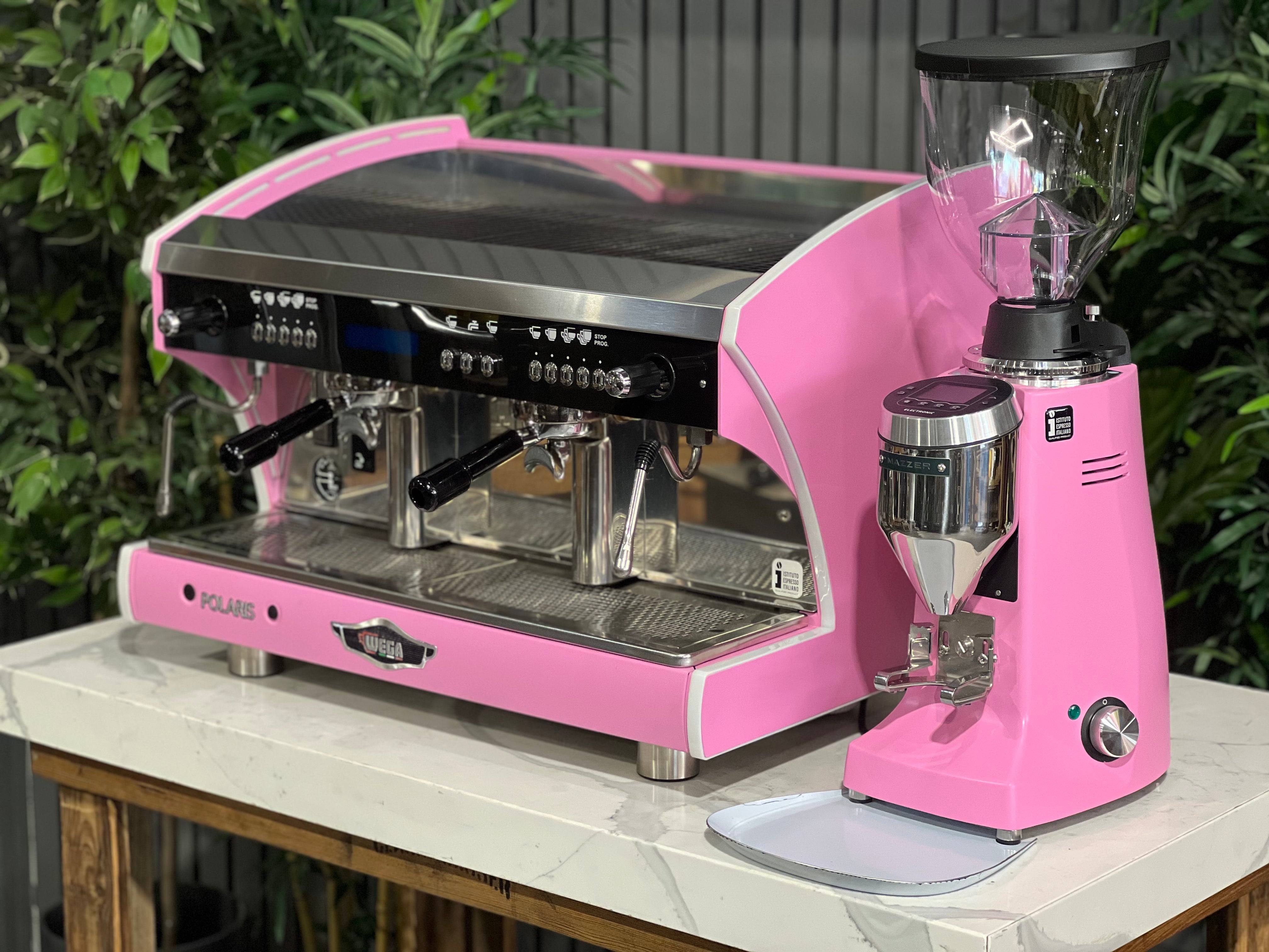 Wega Polaris Tron 2 Group Coffee Machine + Mazzer Major V Electronic Grinder Package Pink - New