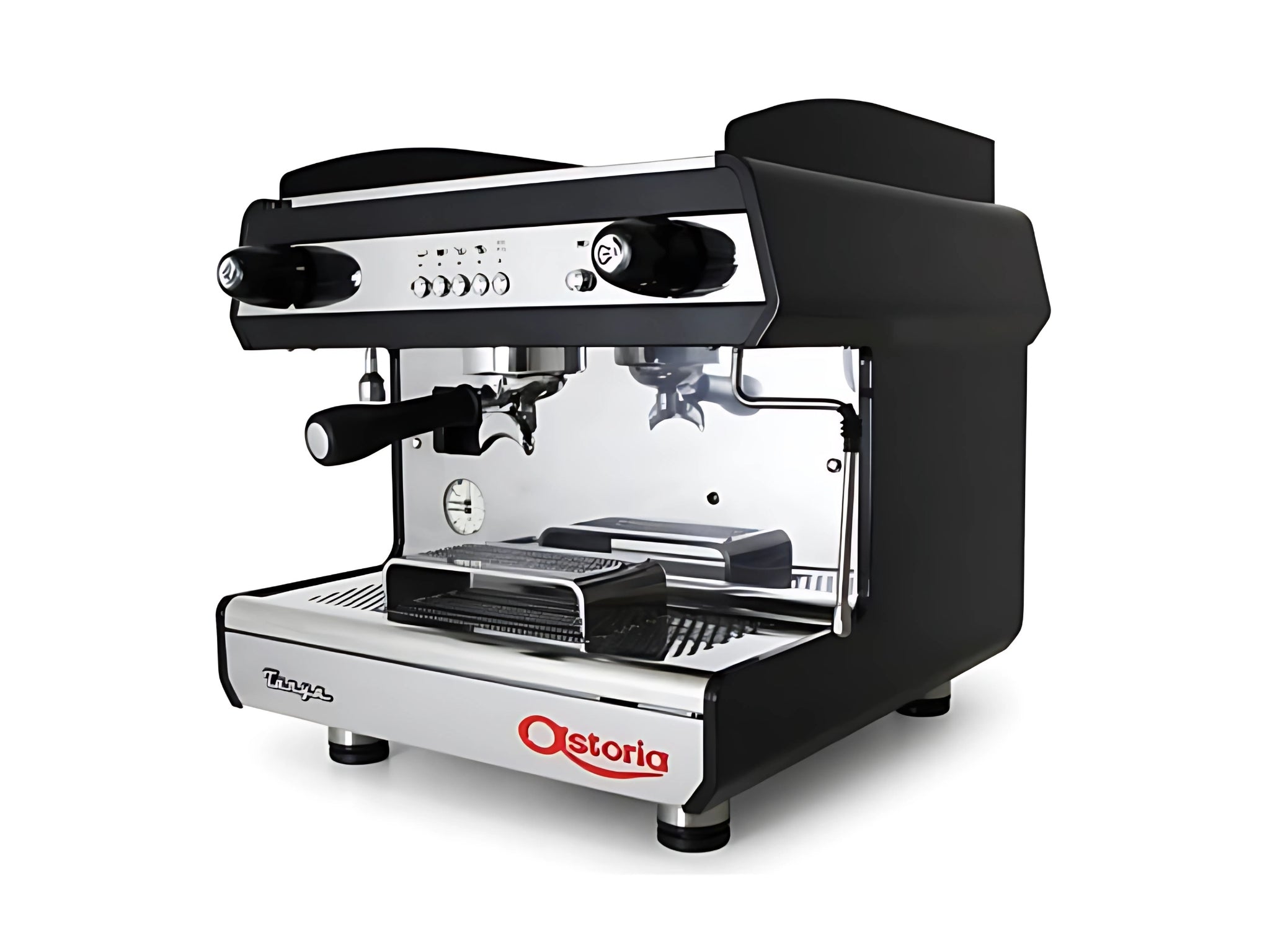 A new Astoria Tanya SAE 1 Group Black on a white background. The machine is on an angle facing the left