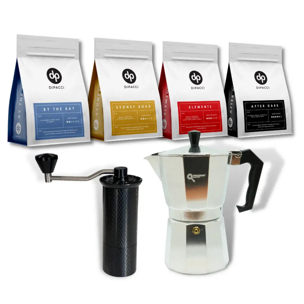 Precision 6 CUP Perculator + Grinder Bundle + Coffee Sample Pack