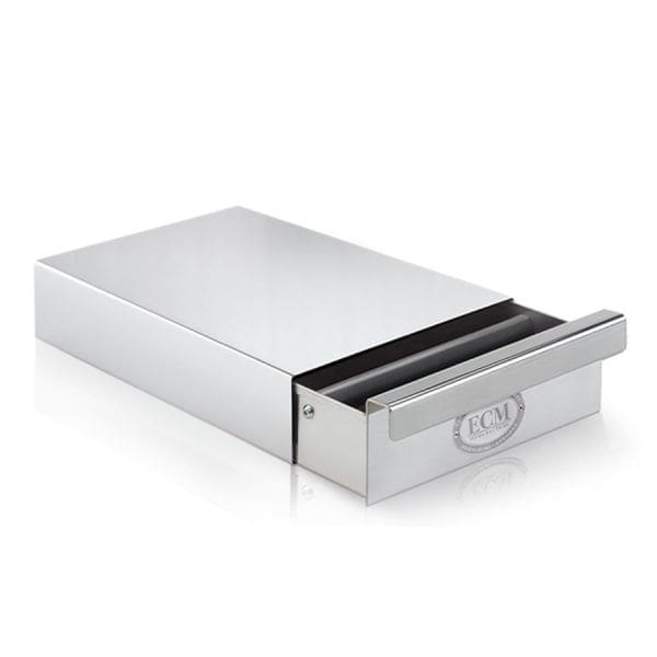 ECM Knock Box Drawer Slim Stainless Steel, polished stainless steel knockout drawer with ECM logo.