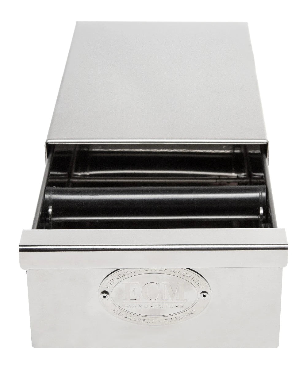 ECM Knock Box Drawer Slim Stainless Steel with polished finish and sound absorbing bar.