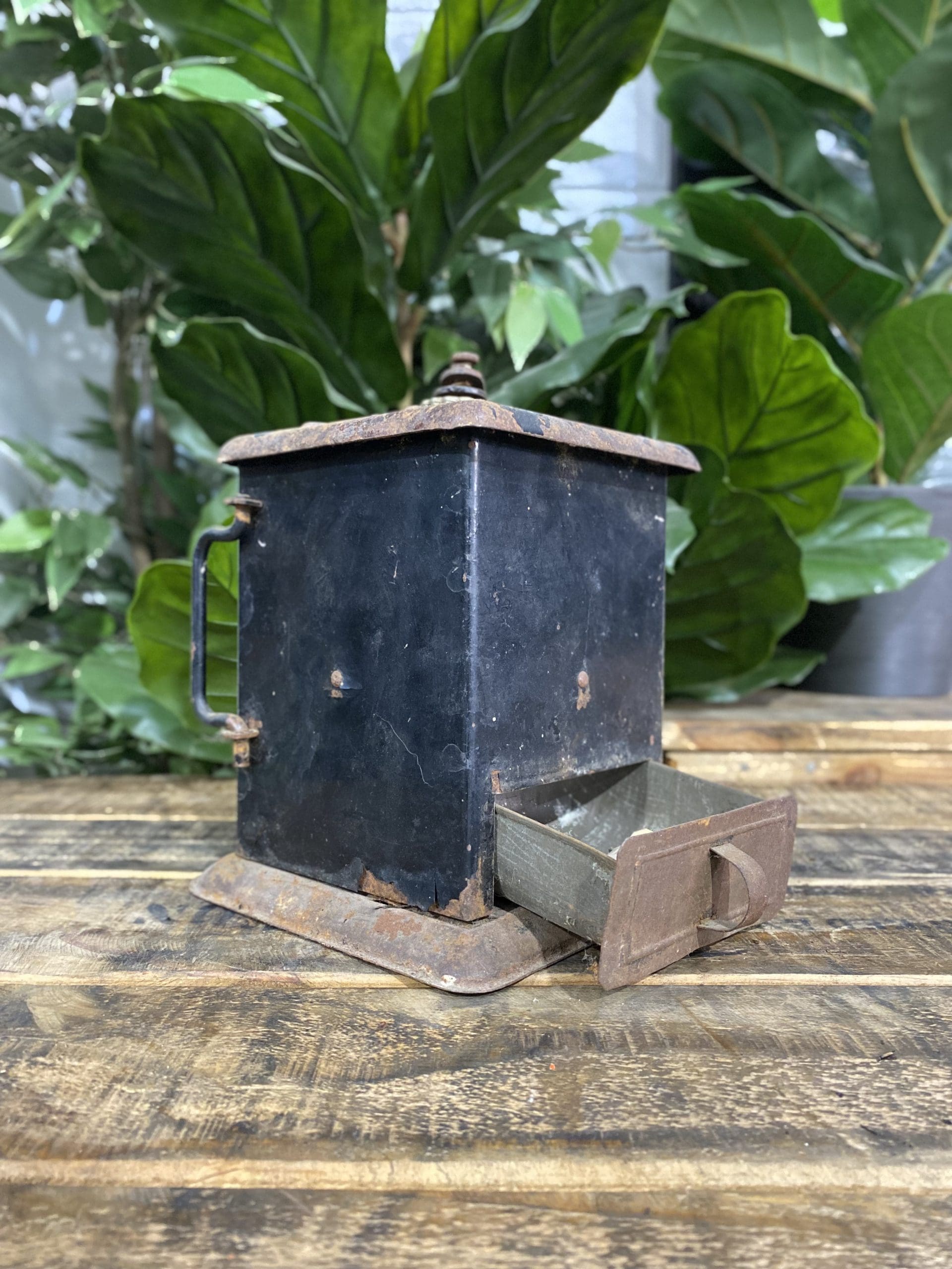 #100 1890’s Wooden Box Grinder & Steel Pull Out Drawer