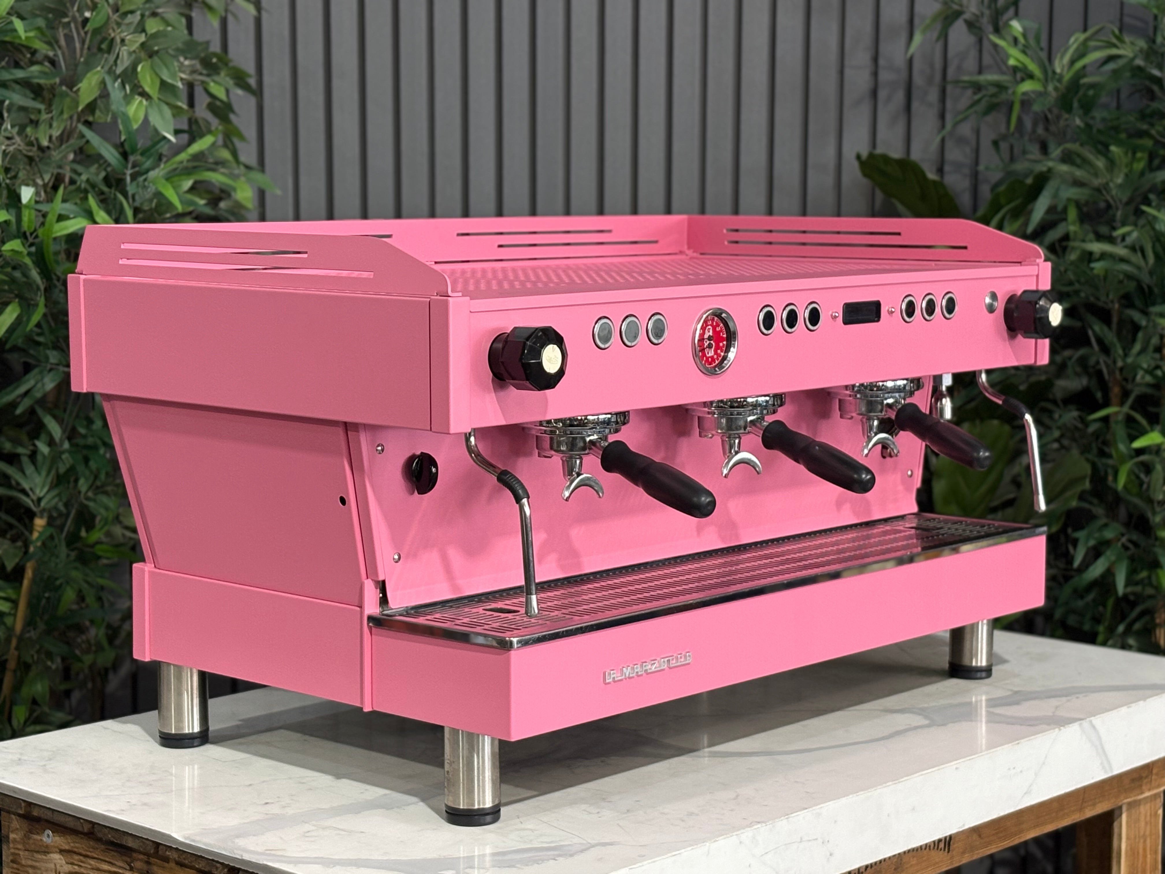 La Marzocco Linea PB 3 Group Coffee Machine Dark Pink - Used on display with shiny surface and sleek design.