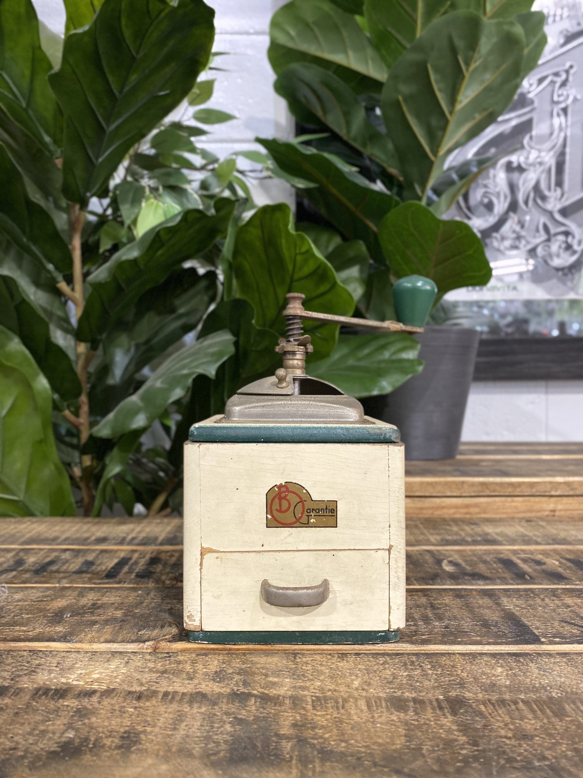 #31 1900’s Cream Garantie Square Box Hand Coffee Grinder