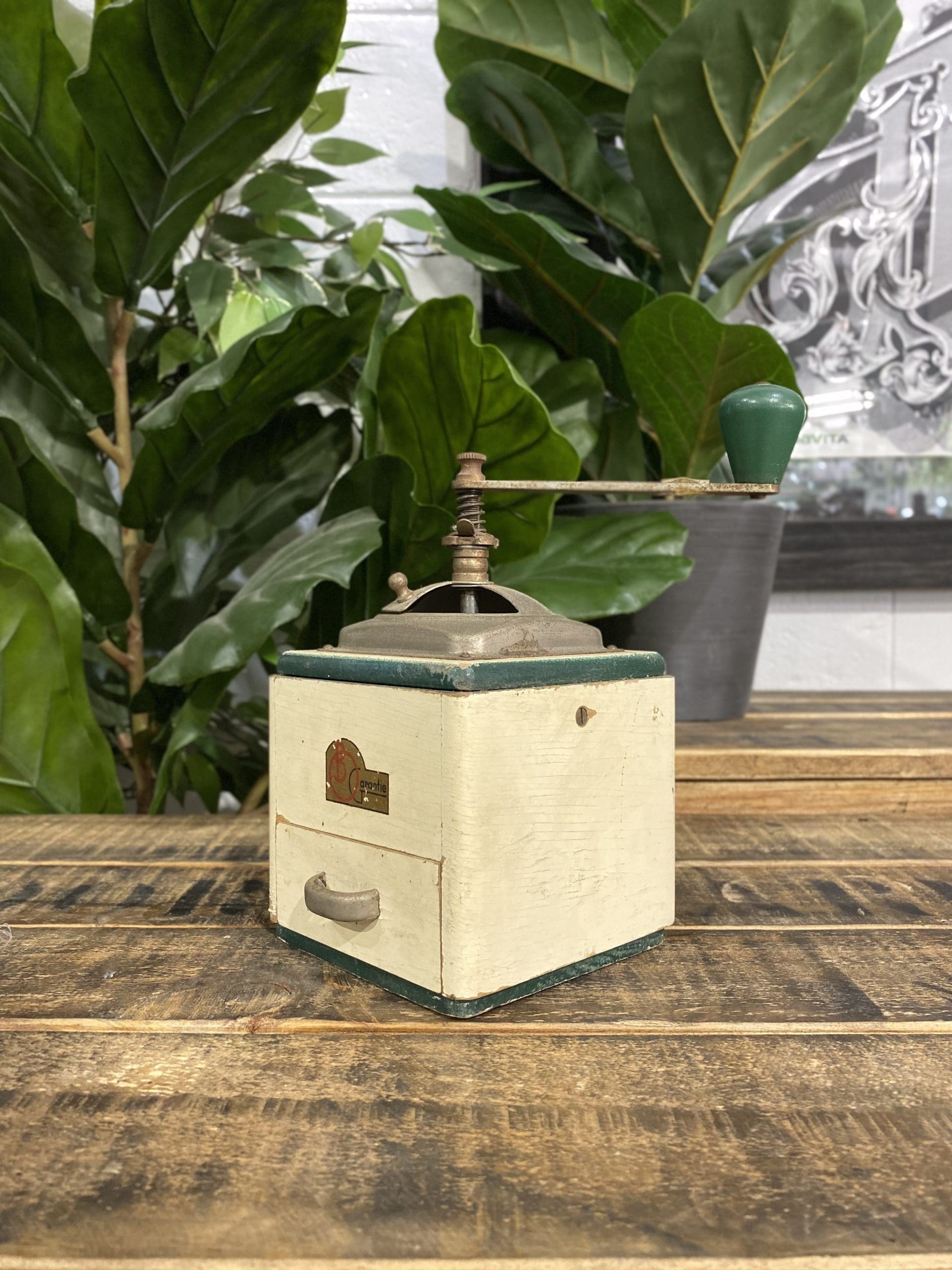 #31 1900’s Cream Garantie Square Box Hand Coffee Grinder