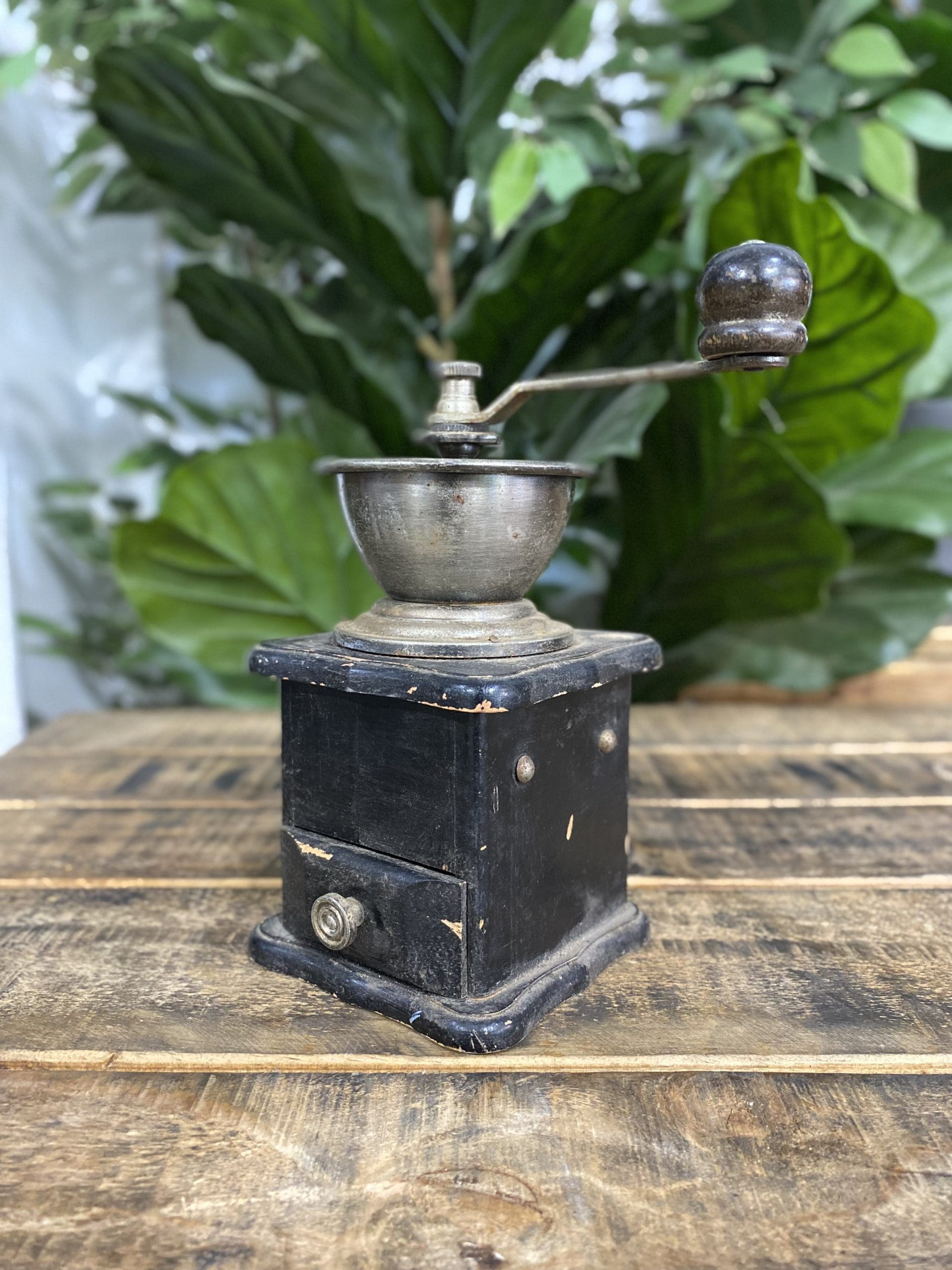 #39 1990’s Black Wooden Hand Coffee Grinder & Pull Out Drawer