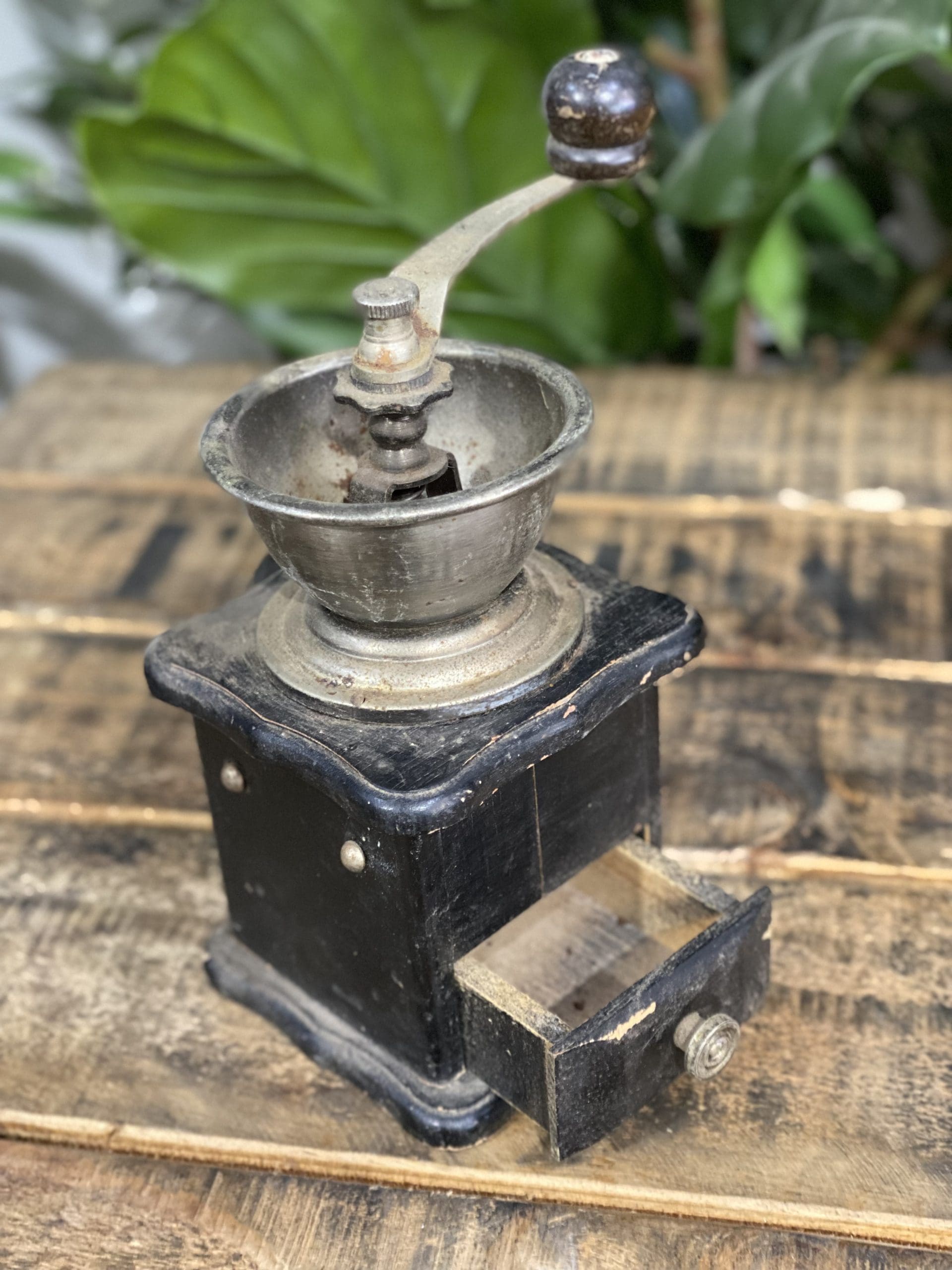#39 1990’s Black Wooden Hand Coffee Grinder & Pull Out Drawer