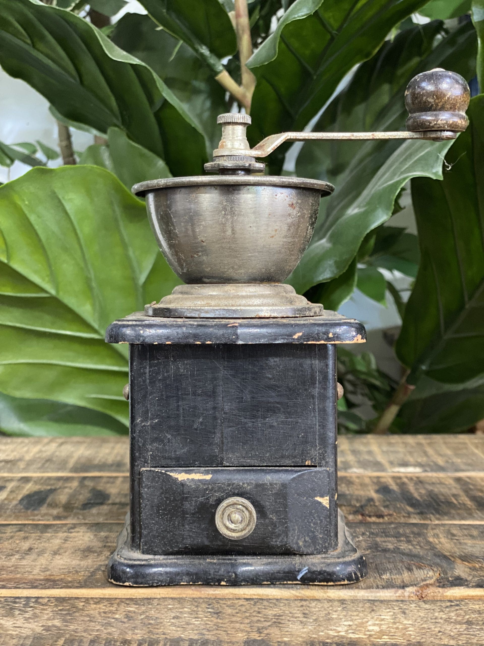 #39 1990’s Black Wooden Hand Coffee Grinder & Pull Out Drawer