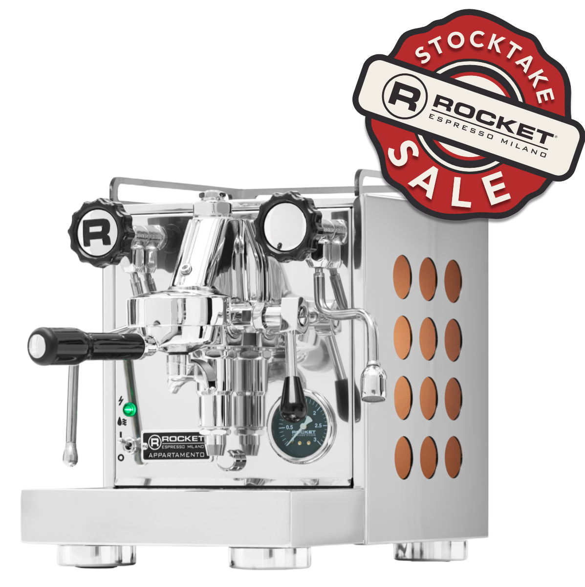 Rocket Appartamento 1 Group Coffee Machine - New with polished stainless steel body and copper accents.