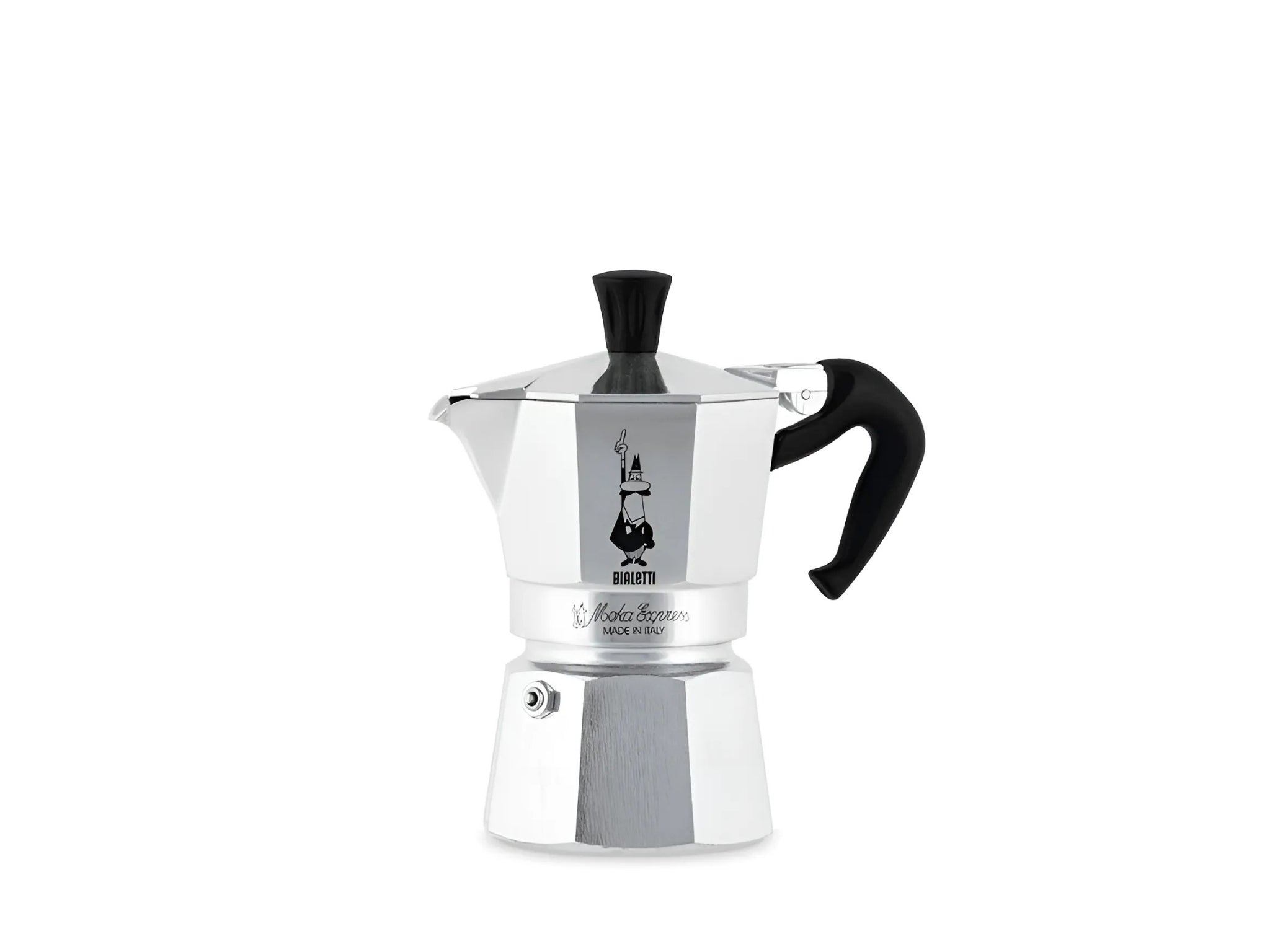 Bialetti Express Moka Pot 1 Cup 1 Perculator on a white background. The perculator has a silver aluminium finish.