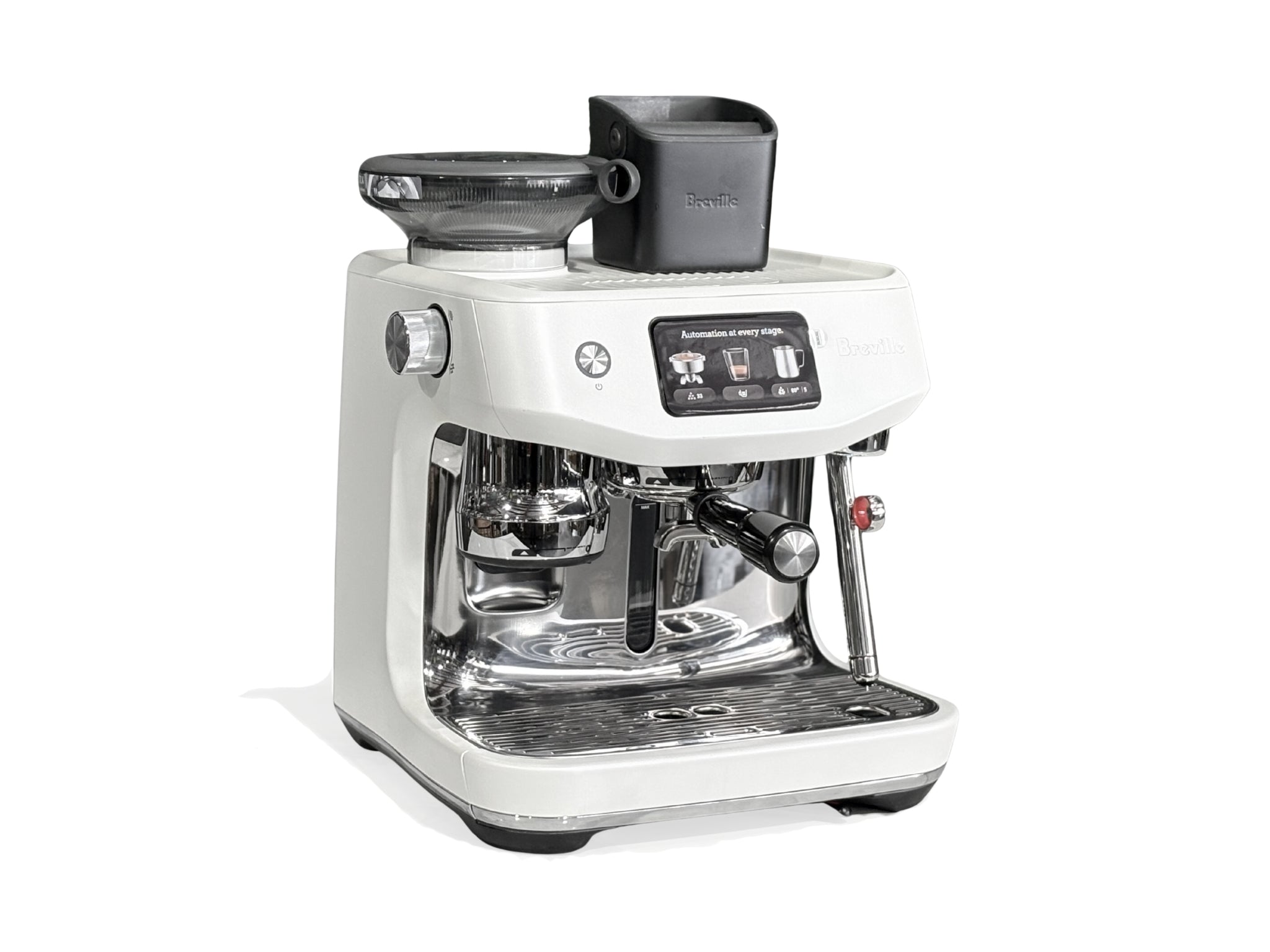 Breville Oracle Jet 1 Group Coffee Machine White - New, angled view on a plain white background, showing the white body, 1 group espresso head, AutoMilQ milk steamer, and 340g coffee hopper.