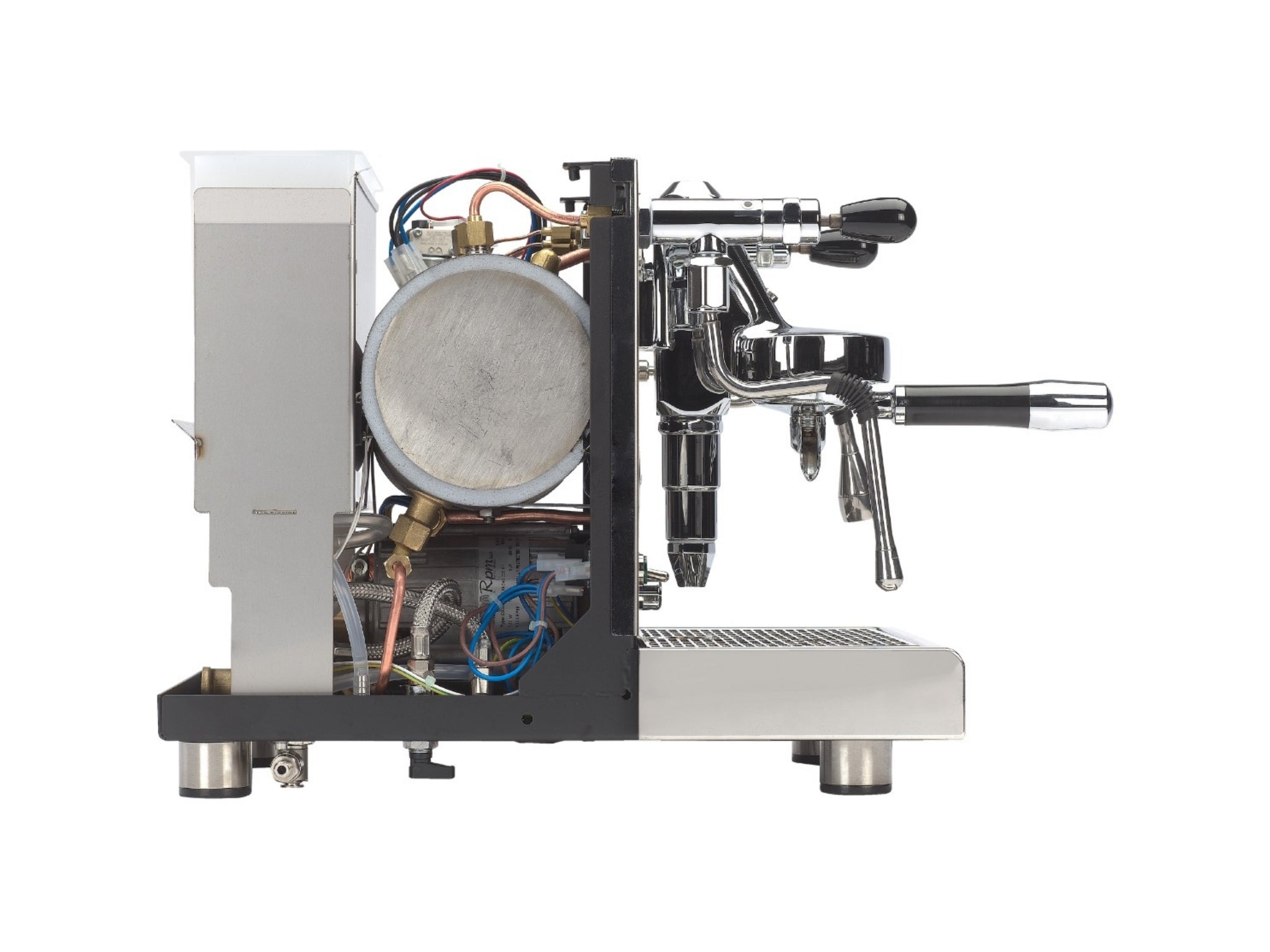 ECM Elektronika II Profi Rotary 1 Group Coffee Machine Stainless – New on white background, side view showing internal piping, boiler, and steam wand mechanics.