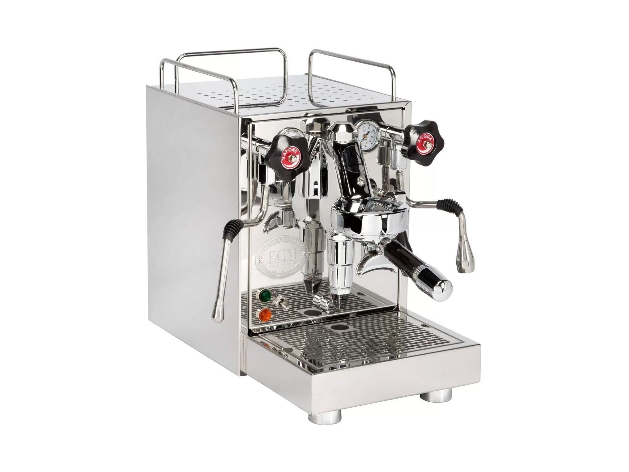 A new ECM Mechanika VI Slim 1 Group Coffee Machine with Stainless finish on a white background. The machine is photographed on an angle and the front and side of the machine is visible.
