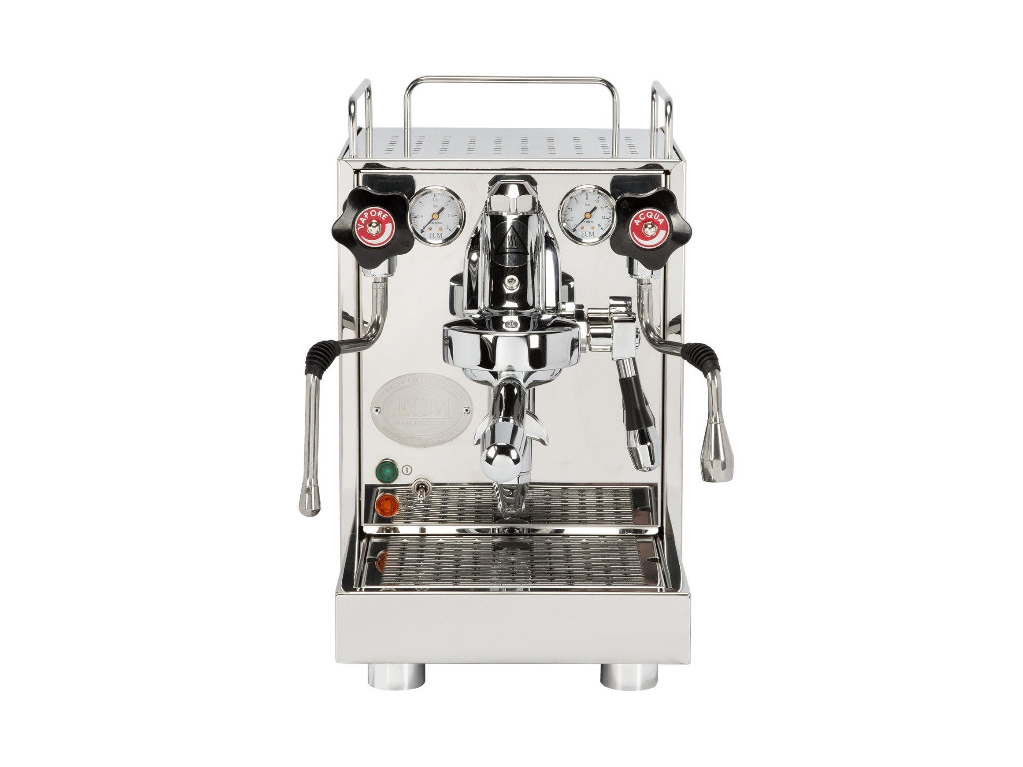 
A new ECM Mechanika VI Slim 1 Group Coffee Machine with Stainless finish on a white background. The machine is photographed front making the controls and group heads visible.