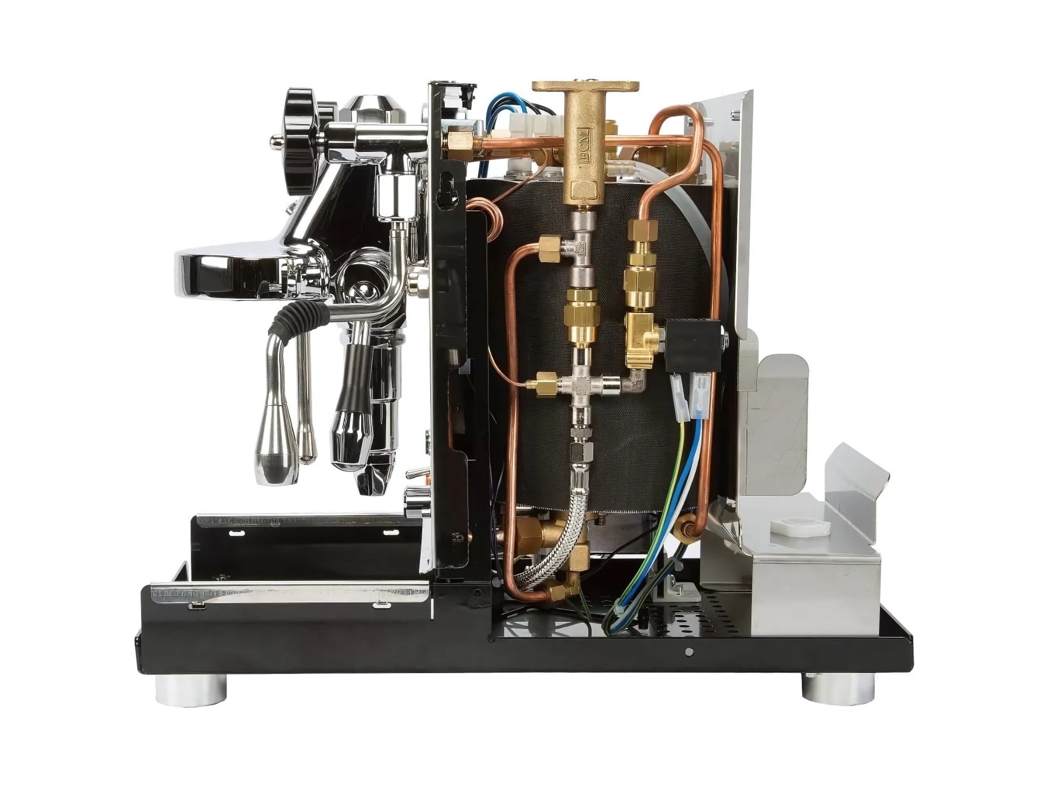 A new ECM Mechanika VI Slim 1 Group Coffee Machine with Stainless finish on a white background. The machine is photographed from the side, and the side panels have been removed so that the insides of the machine is visable.

