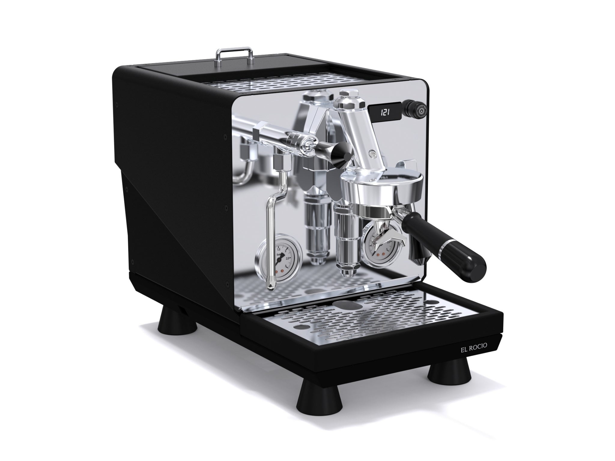 El Rocio Manus S by Pesado 1 Group black espresso coffee machine photographed on plain white background – angled view highlighting stainless steel wand and control knobs.