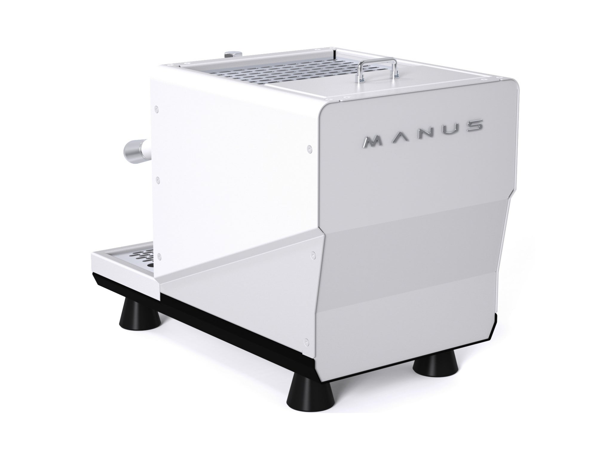 El Rocio Manus S by Pesado 1 Group espresso coffee machine white model on plain white background – back-angle view showing rear panel, cup tray, and steam wand.