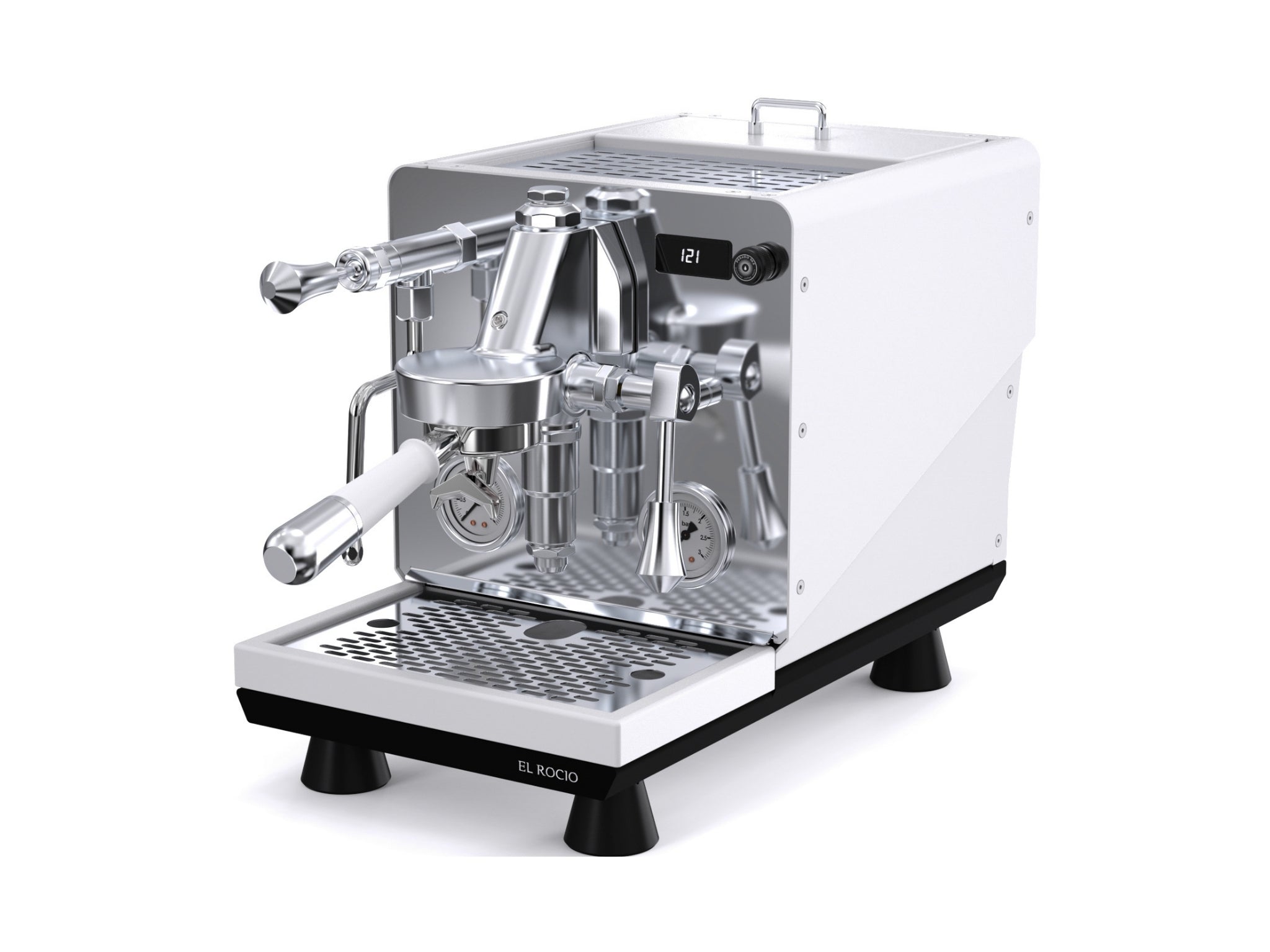 El Rocio Manus S by Pesado 1 Group coffee machine in white finish on plain white background – angled view showing portafilter, steam wand, and control panel.